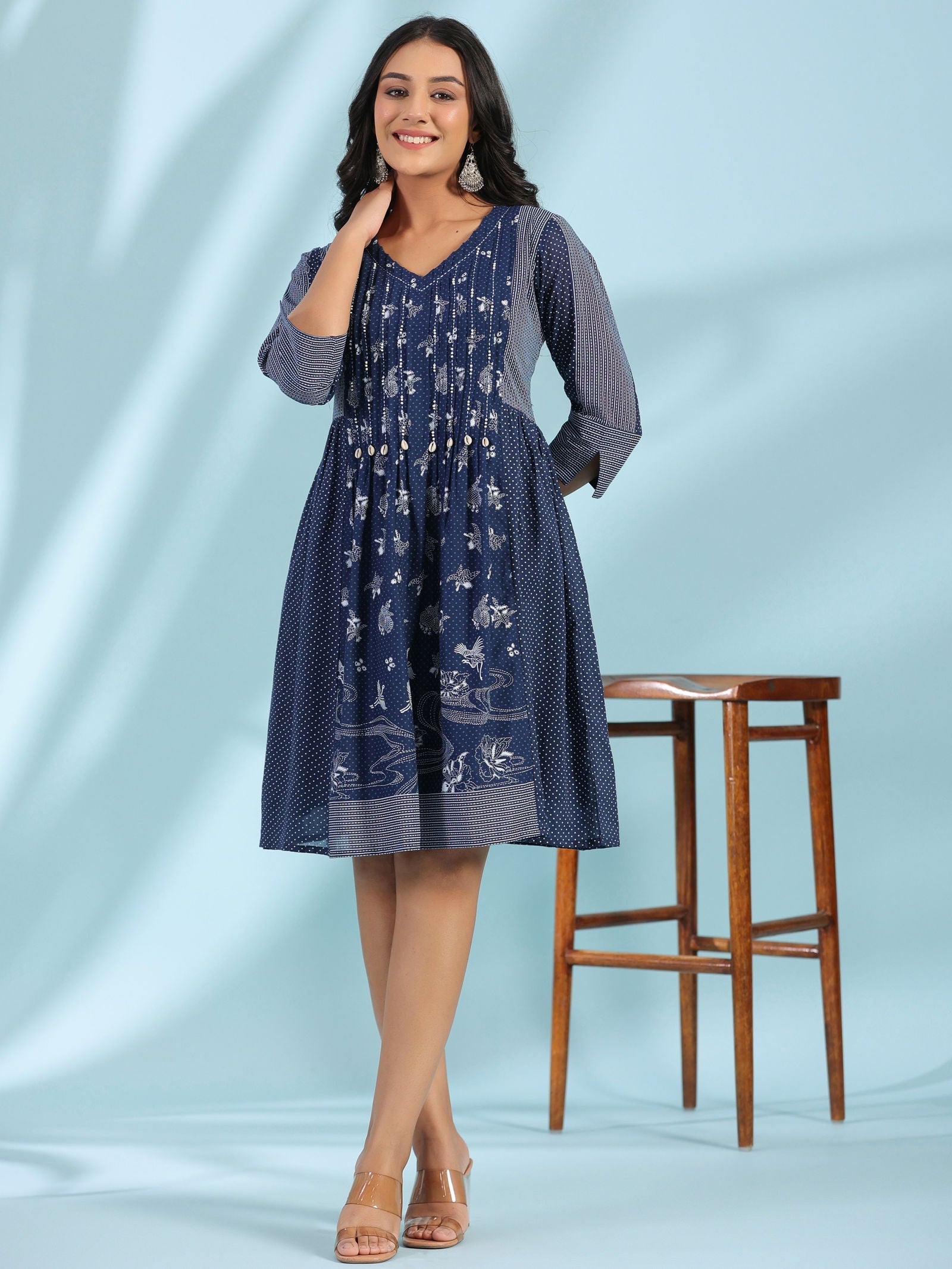 Juniper Blue Cotton Ethnic Motif Printed A-Line Dress With Pintucks At Front & Beadwork