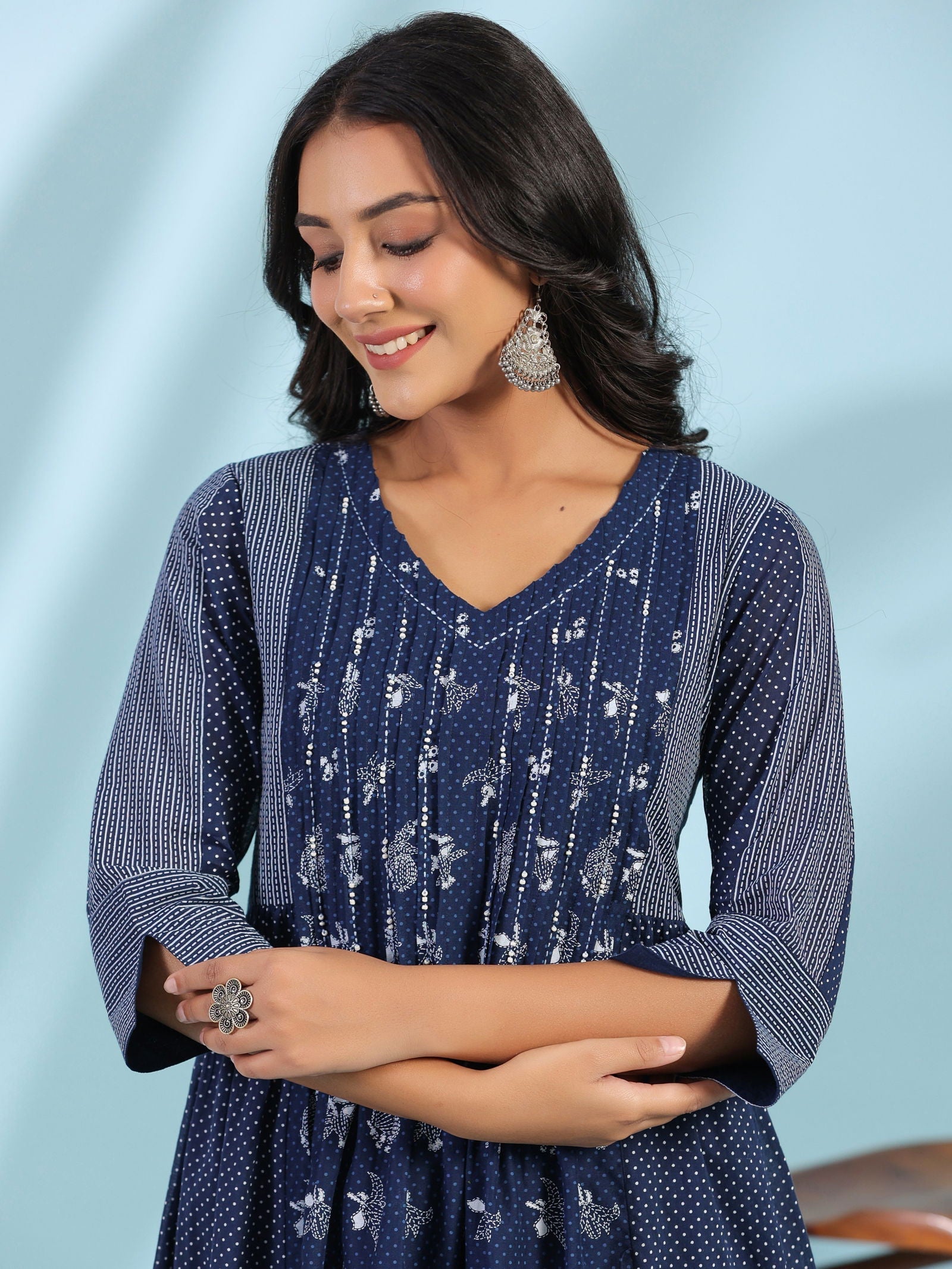 Juniper Blue Cotton Ethnic Motif Printed A-Line Dress With Pintucks At Front & Beadwork