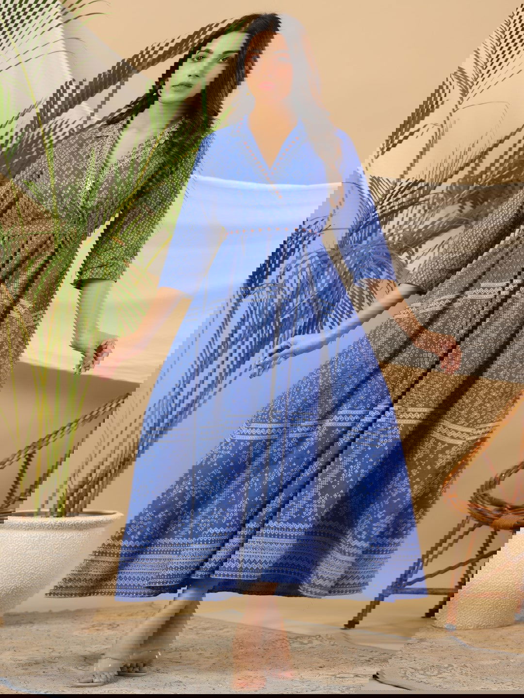 Juniper Blue Cotton Geometric Printed Fit & Flare Maxi Dress With Contrast Beads & Sequins