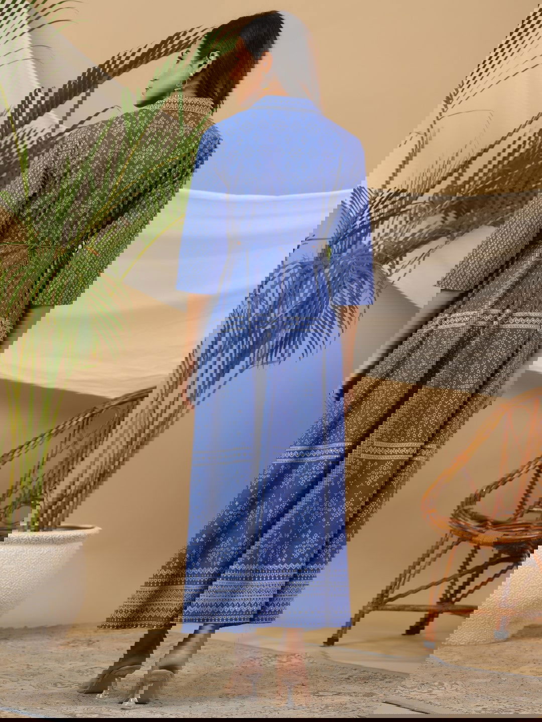 Juniper Blue Cotton Geometric Printed Fit & Flare Maxi Dress With Contrast Beads & Sequins