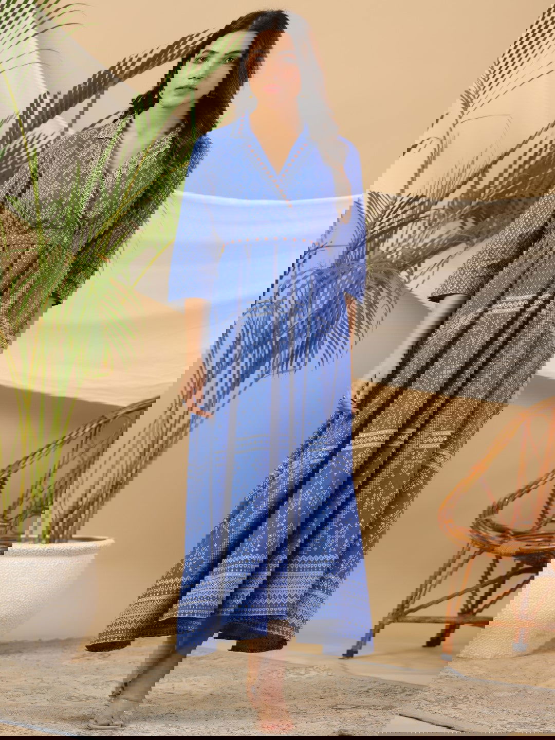 Juniper Blue Cotton Geometric Printed Fit & Flare Maxi Dress With Contrast Beads & Sequins