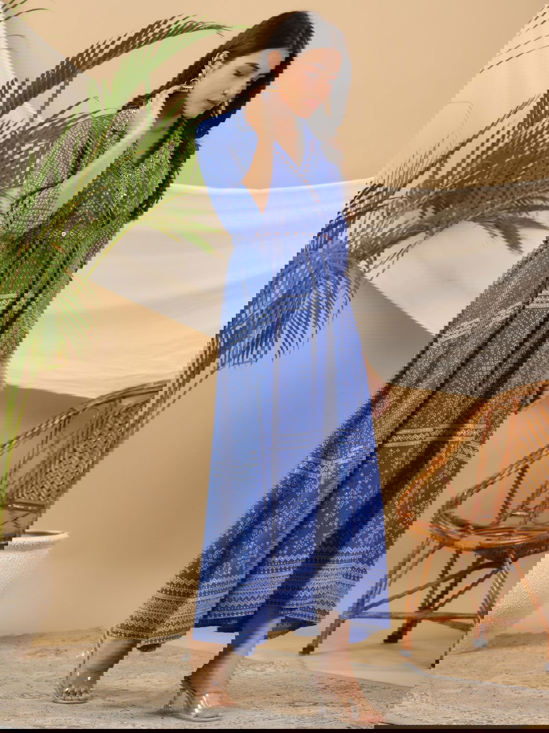 Juniper Blue Cotton Geometric Printed Fit & Flare Maxi Dress With Contrast Beads & Sequins