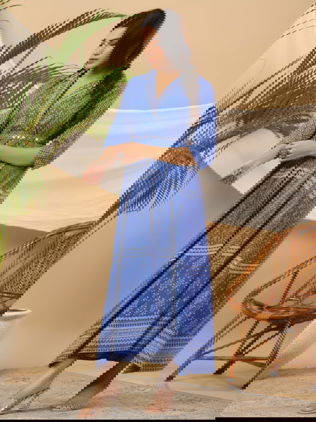 Juniper Blue Cotton Geometric Printed Fit & Flare Maxi Dress With Contrast Beads & Sequins