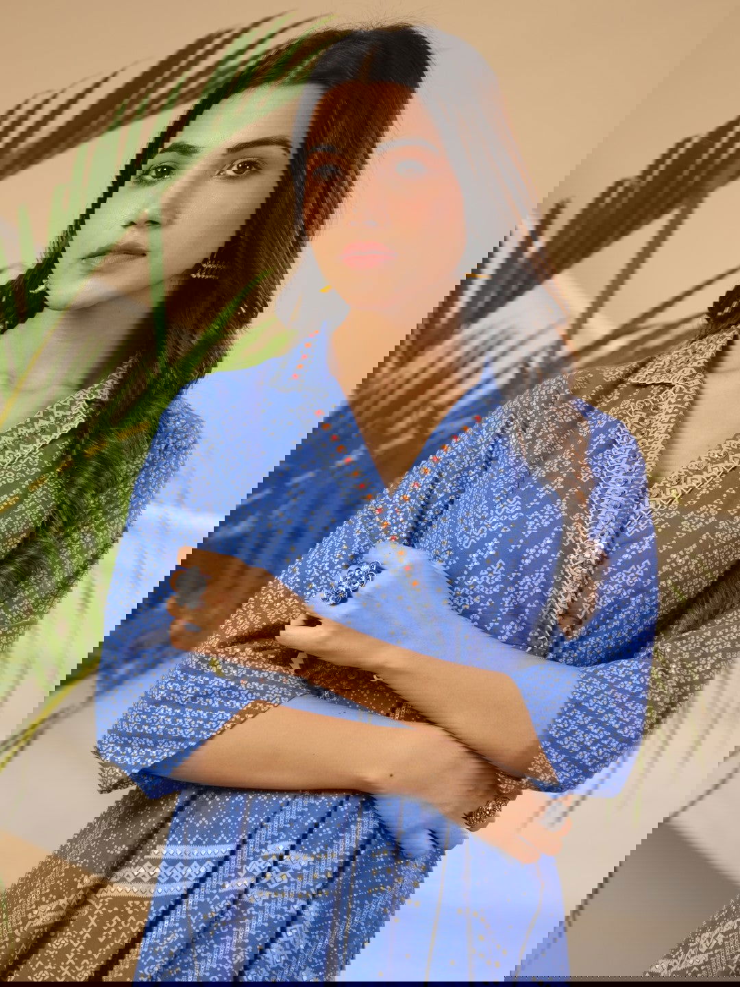 Juniper Blue Cotton Geometric Printed Fit & Flare Maxi Dress With Contrast Beads & Sequins