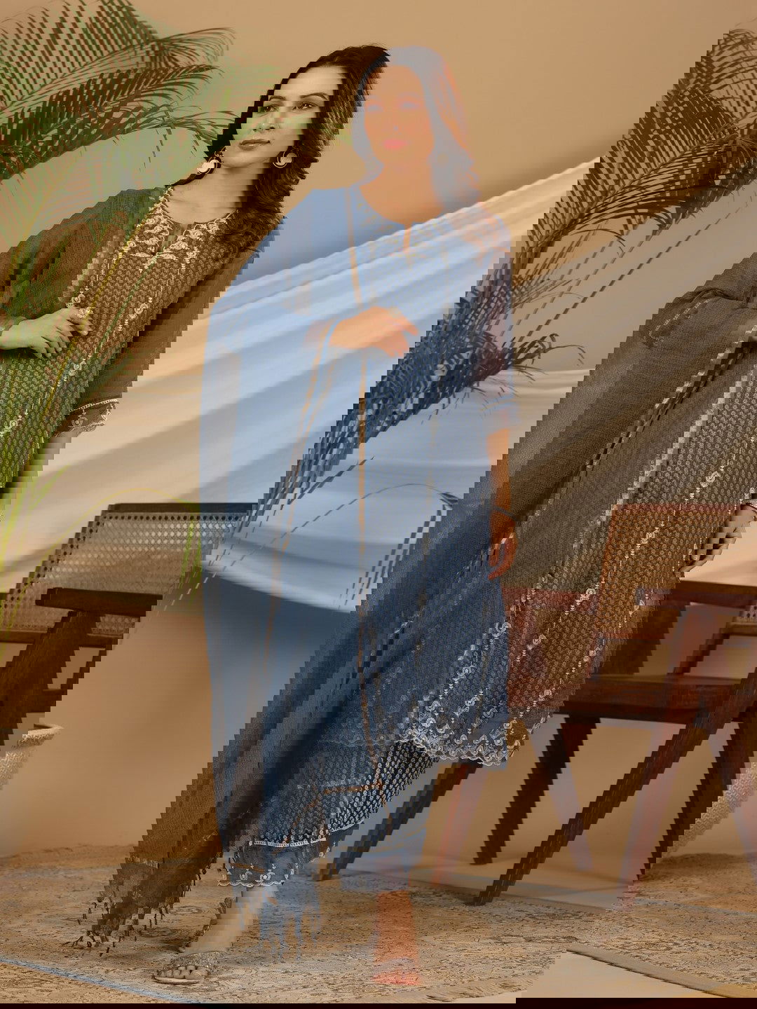 Juniper Blue Cotton & Kota Doria Layered Kurta With Pants And Dupatta Set With Thread Embroidery (3-Pcs)