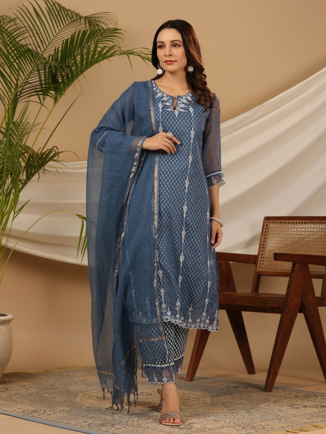 Juniper Blue Cotton & Kota Doria Layered Kurta With Pants And Dupatta Set With Thread Embroidery (3-Pcs)