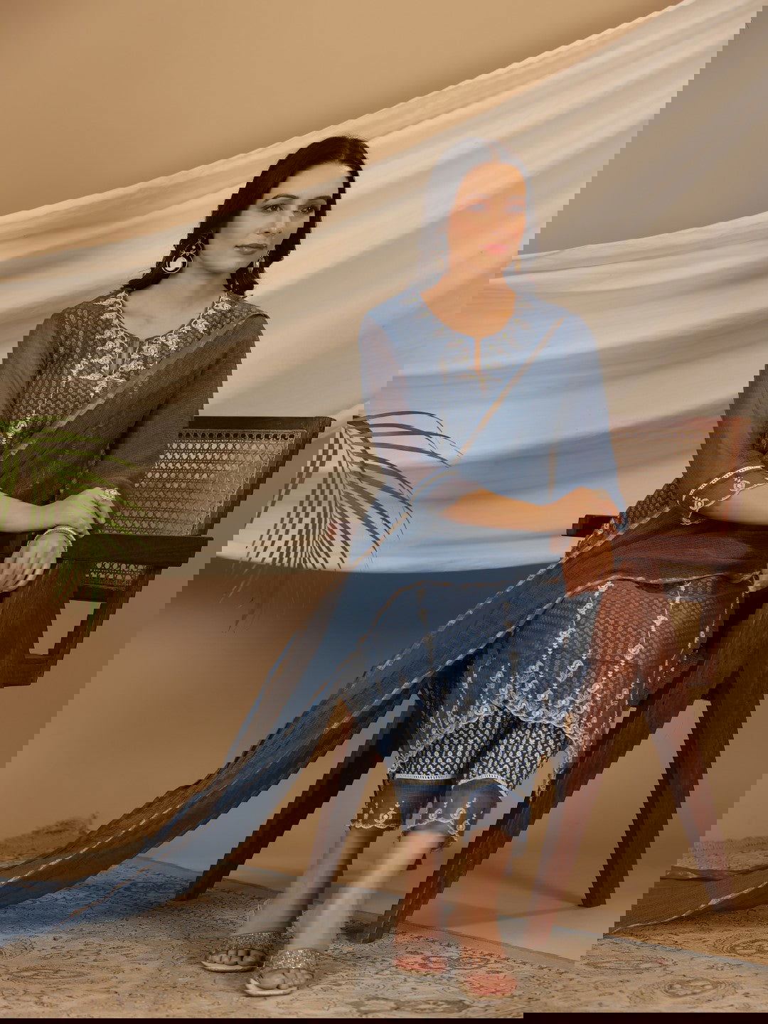 Juniper Blue Cotton & Kota Doria Layered Kurta With Pants And Dupatta Set With Thread Embroidery (3-Pcs)