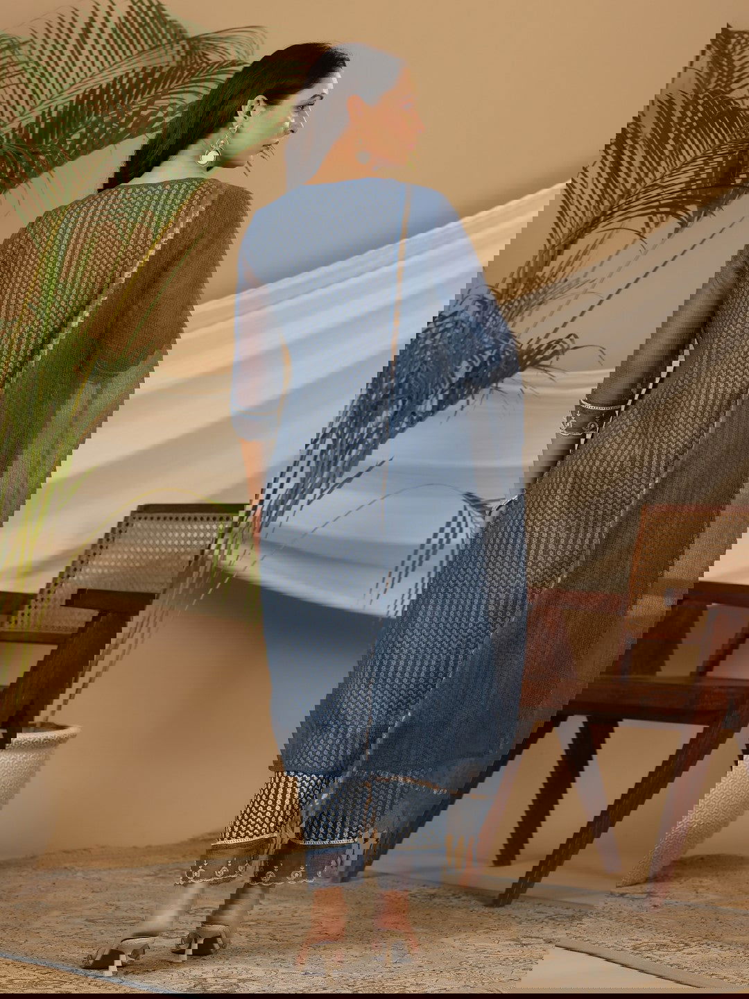 Juniper Blue Cotton & Kota Doria Layered Kurta With Pants And Dupatta Set With Thread Embroidery (3-Pcs)