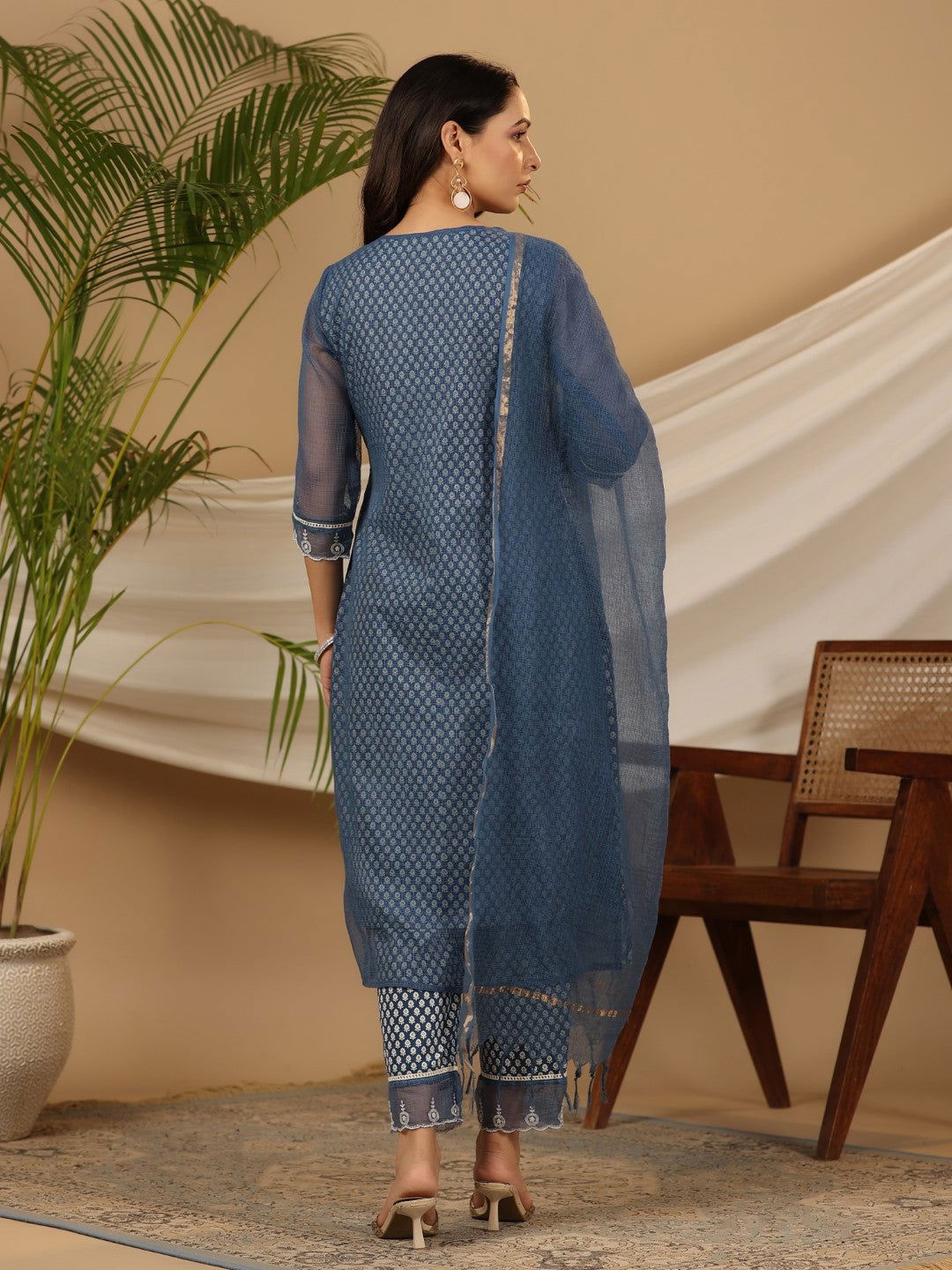 Juniper Blue Cotton & Kota Doria Layered Kurta With Pants And Dupatta Set With Thread Embroidery (3-Pcs)