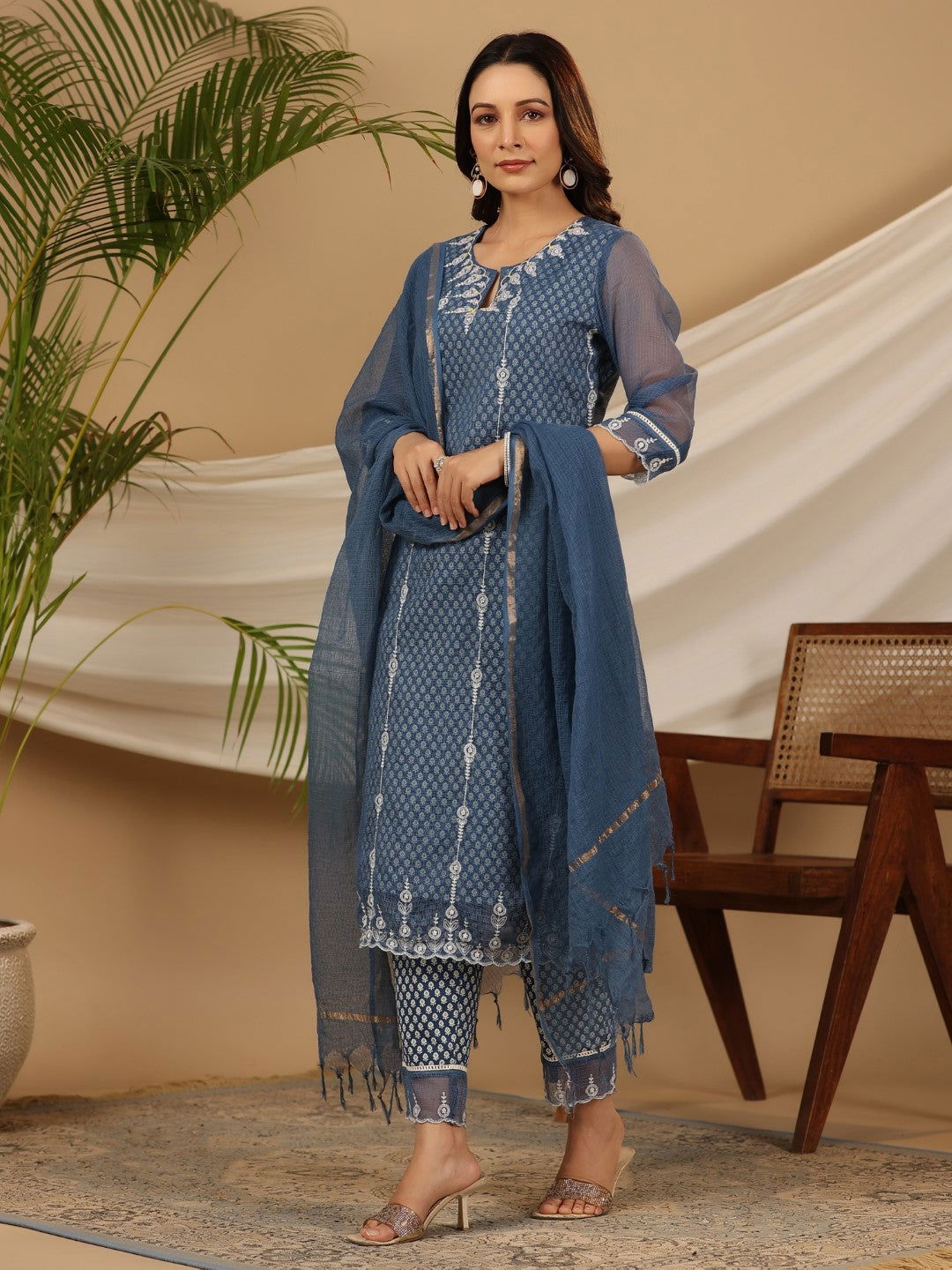 Juniper Blue Cotton & Kota Doria Layered Kurta With Pants And Dupatta Set With Thread Embroidery (3-Pcs)