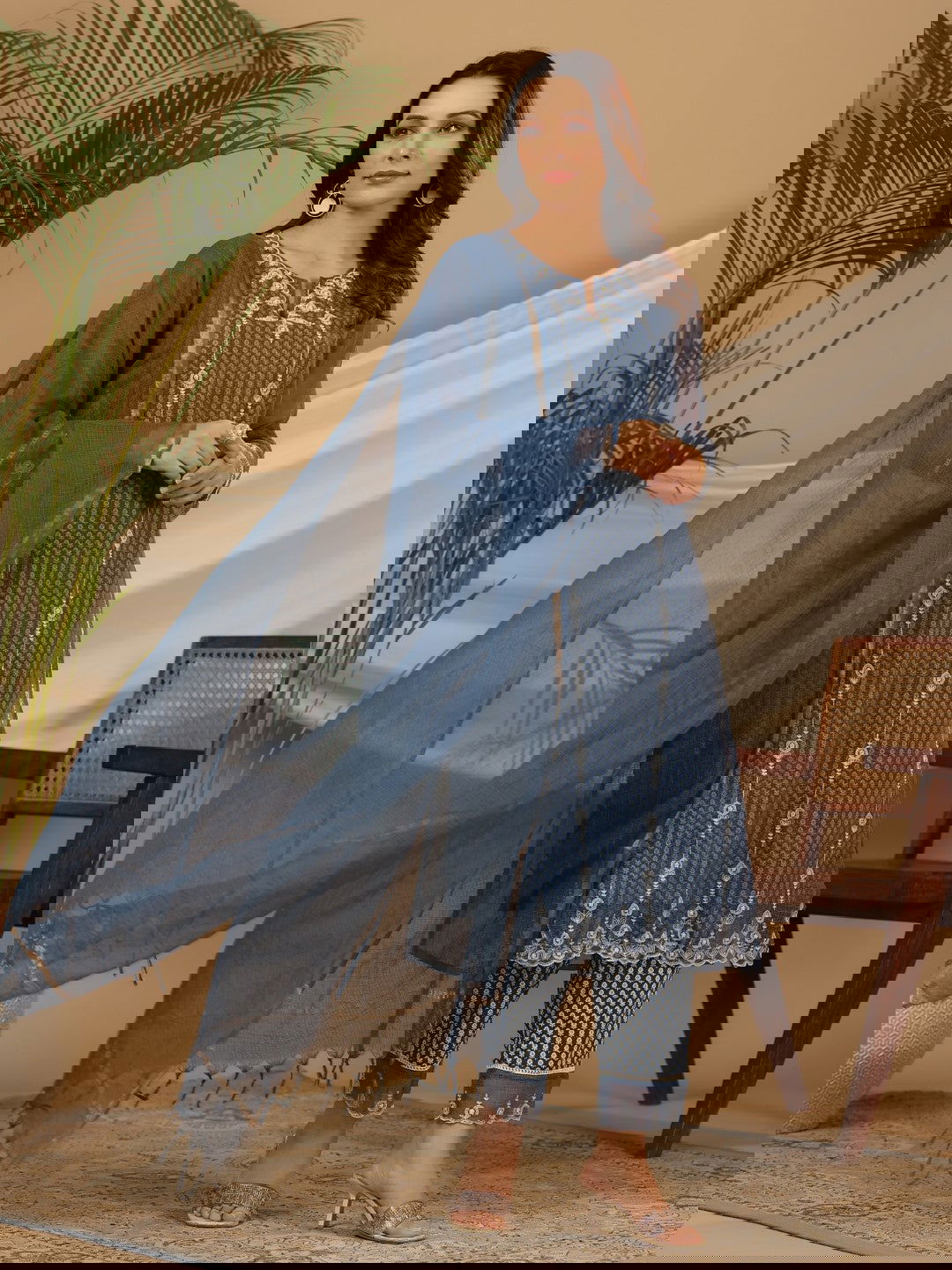 Juniper Blue Cotton & Kota Doria Layered Kurta With Pants And Dupatta Set With Thread Embroidery (3-Pcs)