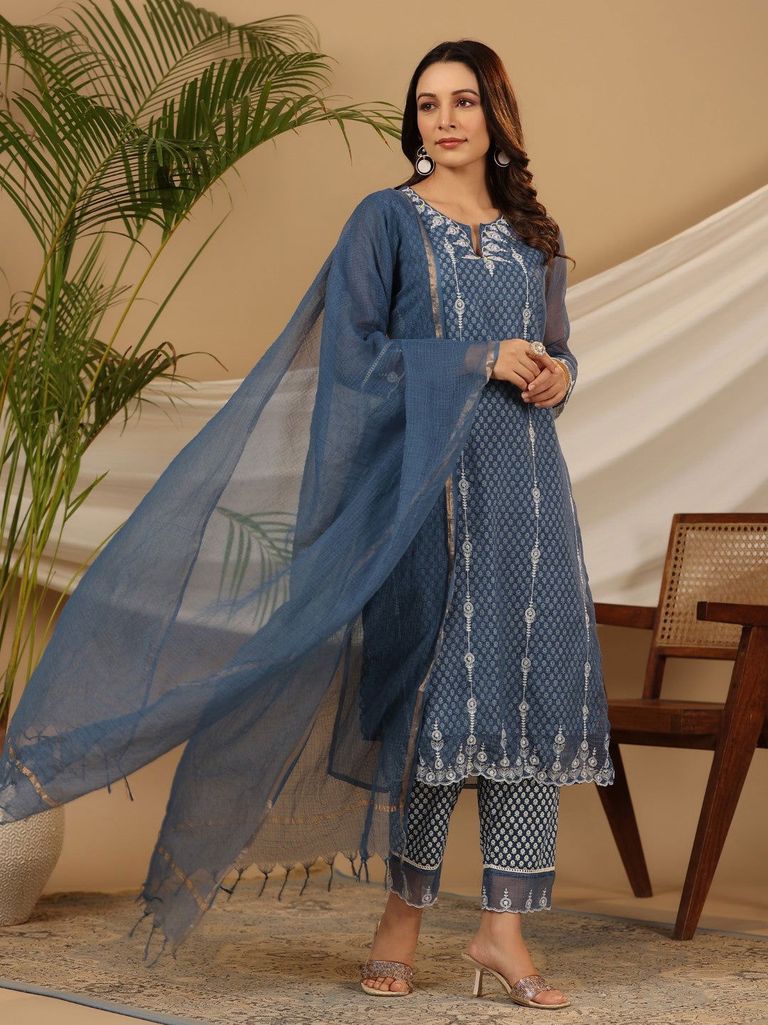Juniper Blue Cotton & Kota Doria Layered Kurta With Pants And Dupatta Set With Thread Embroidery (3-Pcs)