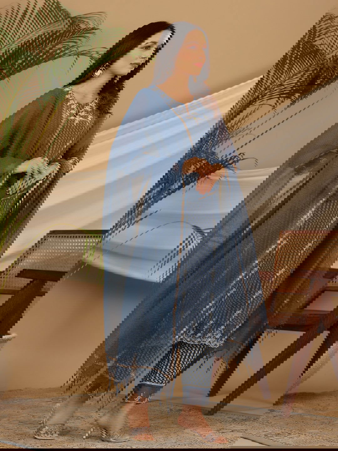 Juniper Blue Cotton & Kota Doria Layered Kurta With Pants And Dupatta Set With Thread Embroidery (3-Pcs)