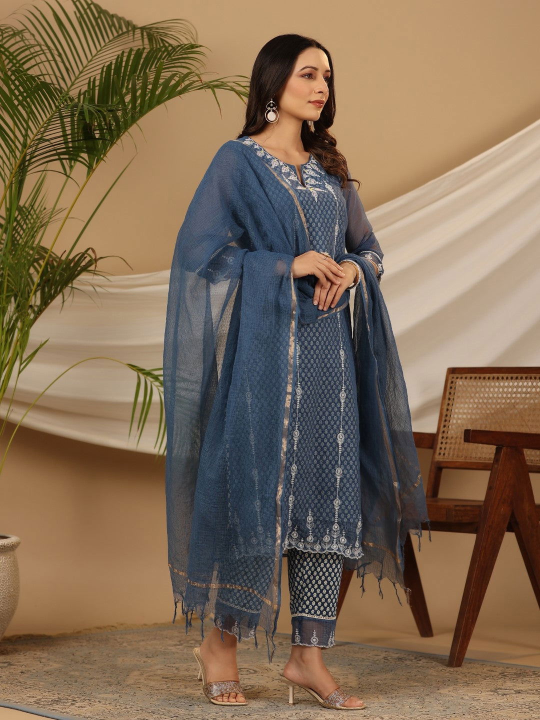 Juniper Blue Cotton & Kota Doria Layered Kurta With Pants And Dupatta Set With Thread Embroidery (3-Pcs)