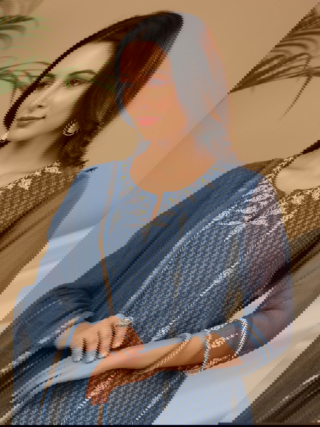 Juniper Blue Cotton & Kota Doria Layered Kurta With Pants And Dupatta Set With Thread Embroidery (3-Pcs)