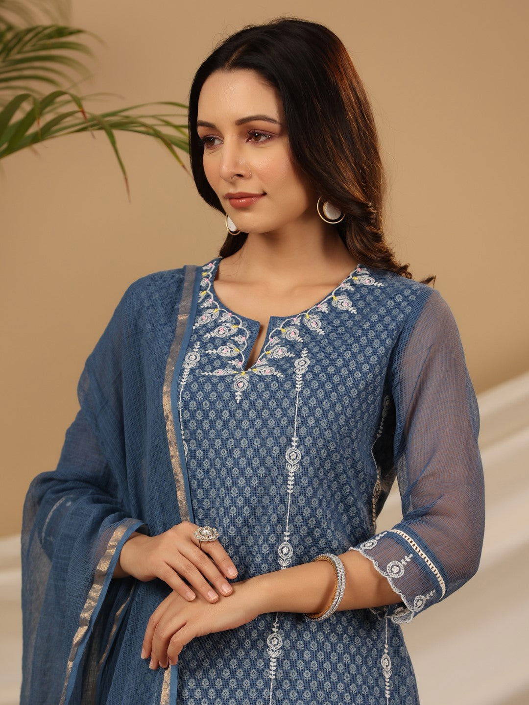 Juniper Blue Cotton & Kota Doria Layered Kurta With Pants And Dupatta Set With Thread Embroidery (3-Pcs)