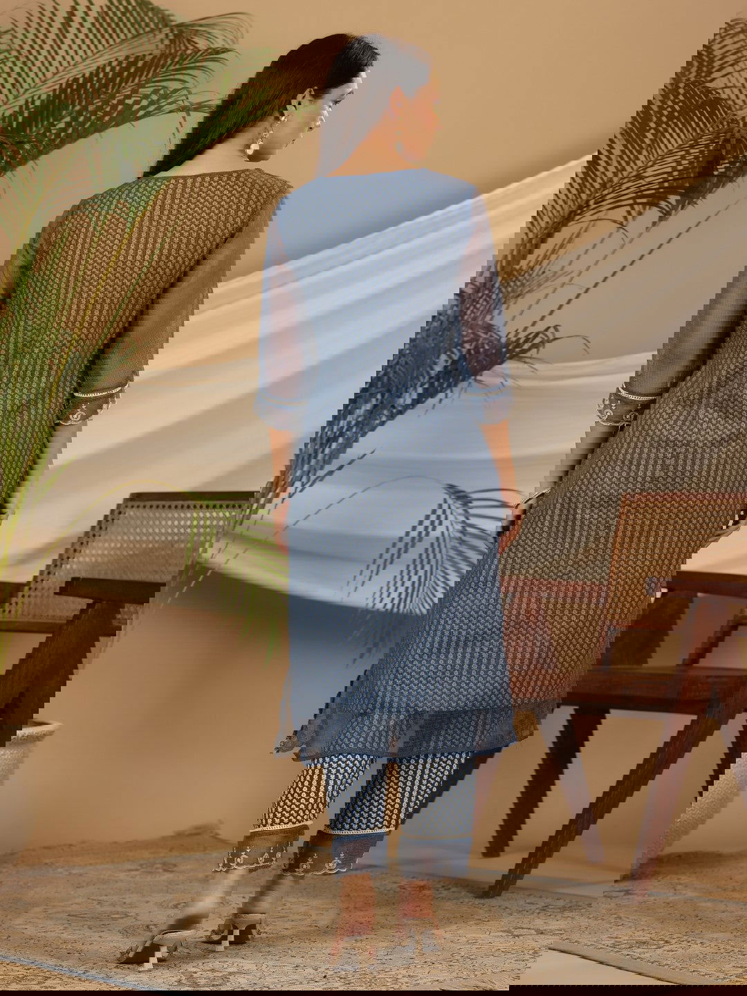 Juniper Blue Cotton & Kota Doria Layered Kurta With Pants And Dupatta Set With Thread Embroidery (3-Pcs)