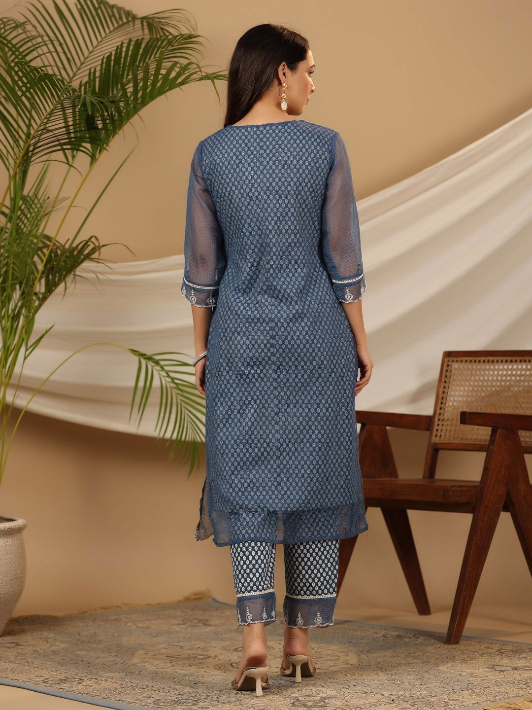 Juniper Blue Cotton & Kota Doria Layered Kurta With Pants And Dupatta Set With Thread Embroidery (3-Pcs)