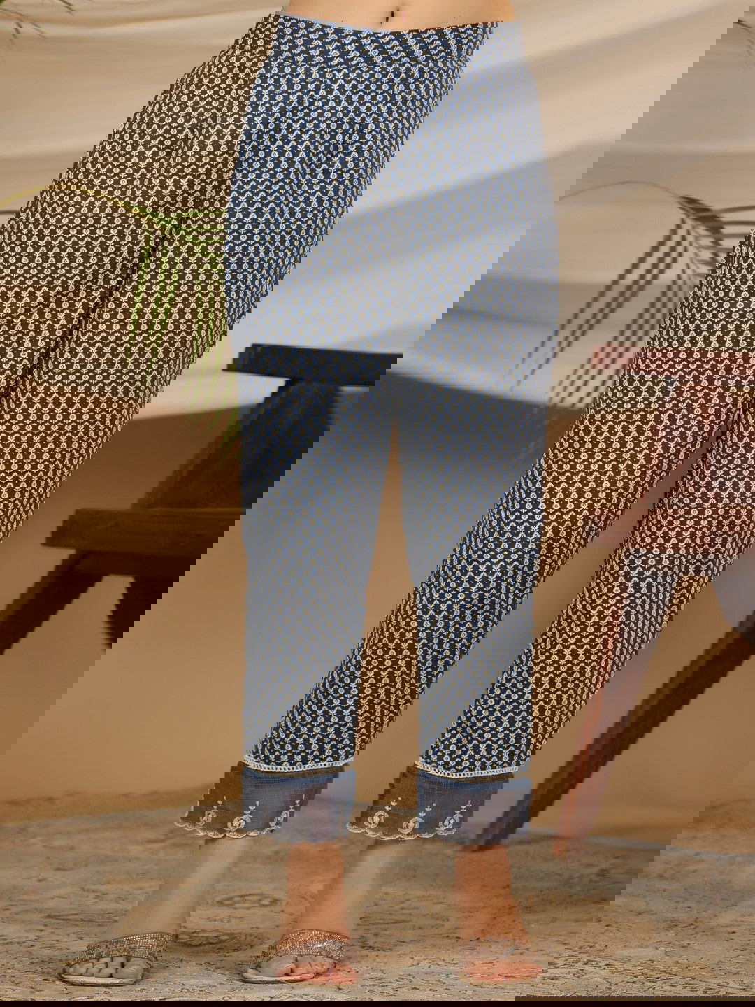 Juniper Blue Cotton & Kota Doria Layered Kurta With Pants And Dupatta Set With Thread Embroidery (3-Pcs)