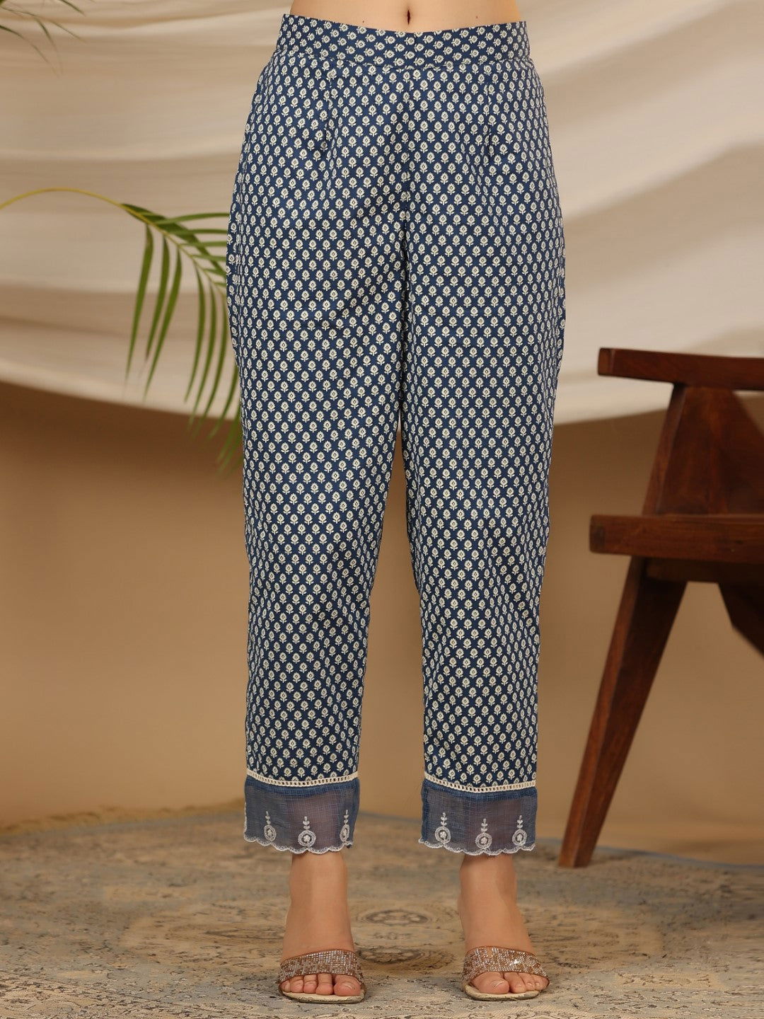 Juniper Blue Cotton & Kota Doria Layered Kurta With Pants And Dupatta Set With Thread Embroidery (3-Pcs)