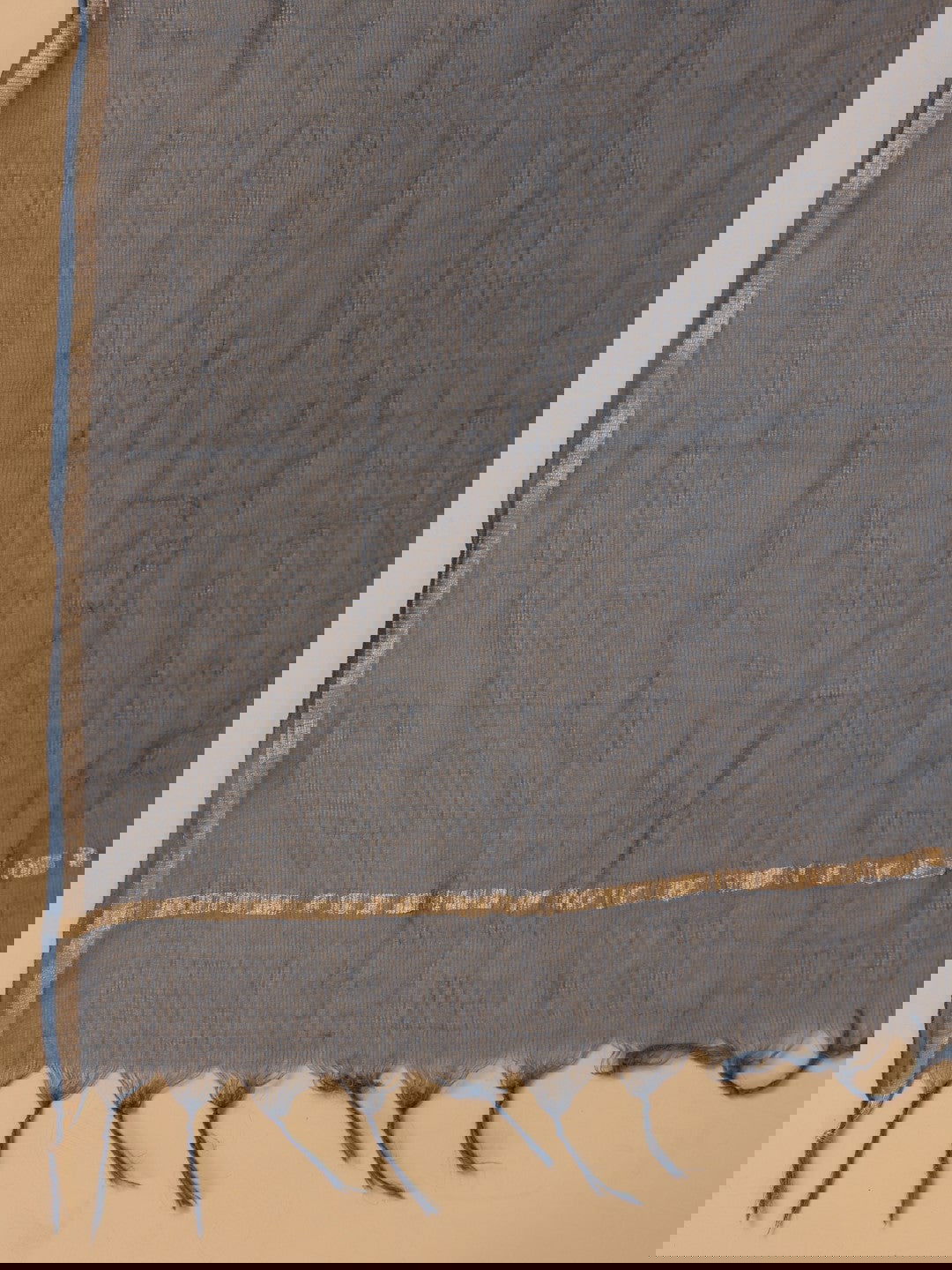 Juniper Blue Cotton & Kota Doria Layered Kurta With Pants And Dupatta Set With Thread Embroidery (3-Pcs)