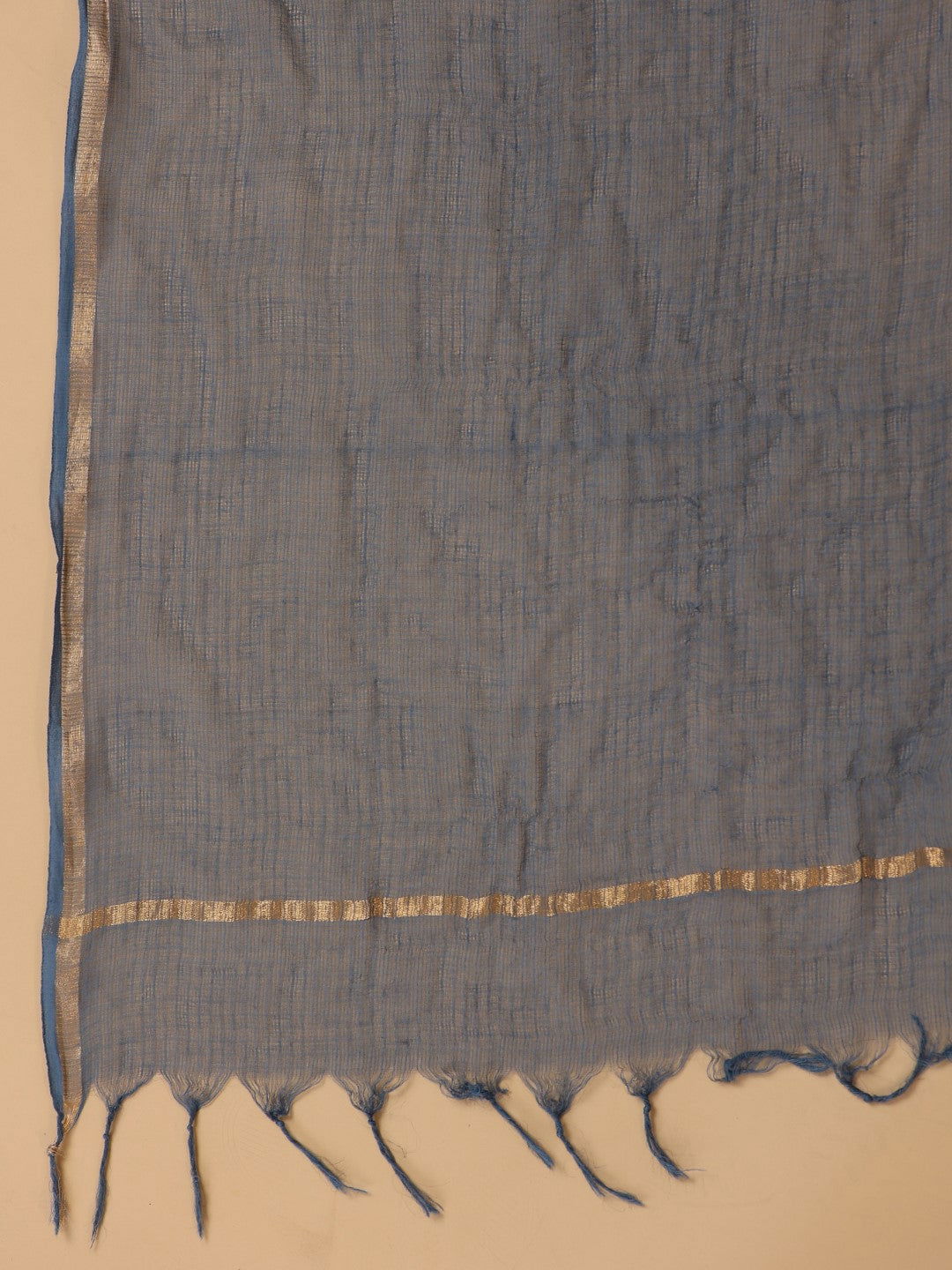 Juniper Blue Cotton & Kota Doria Layered Kurta With Pants And Dupatta Set With Thread Embroidery (3-Pcs)