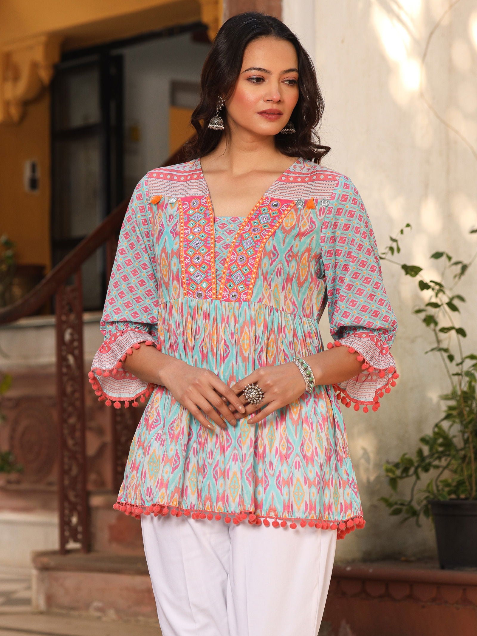 Juniper Blue Embroidered Cotton Voile Peplum Tunic