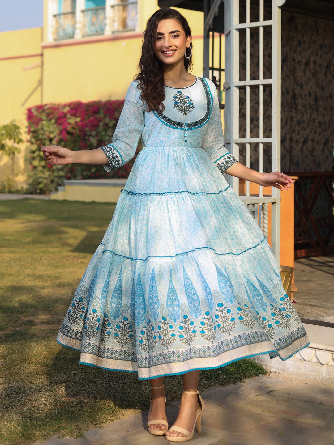 Juniper Blue Ethnic Motif Cotton Voile Printed With Embroidery Tiered Maxi Dress with Thread Work