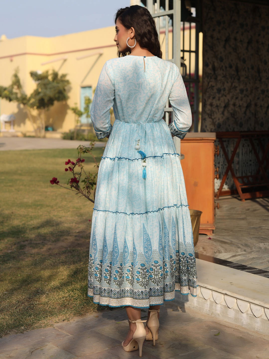 Juniper Blue Ethnic Motif Cotton Voile Printed With Embroidery Tiered Maxi Dress with Thread Work