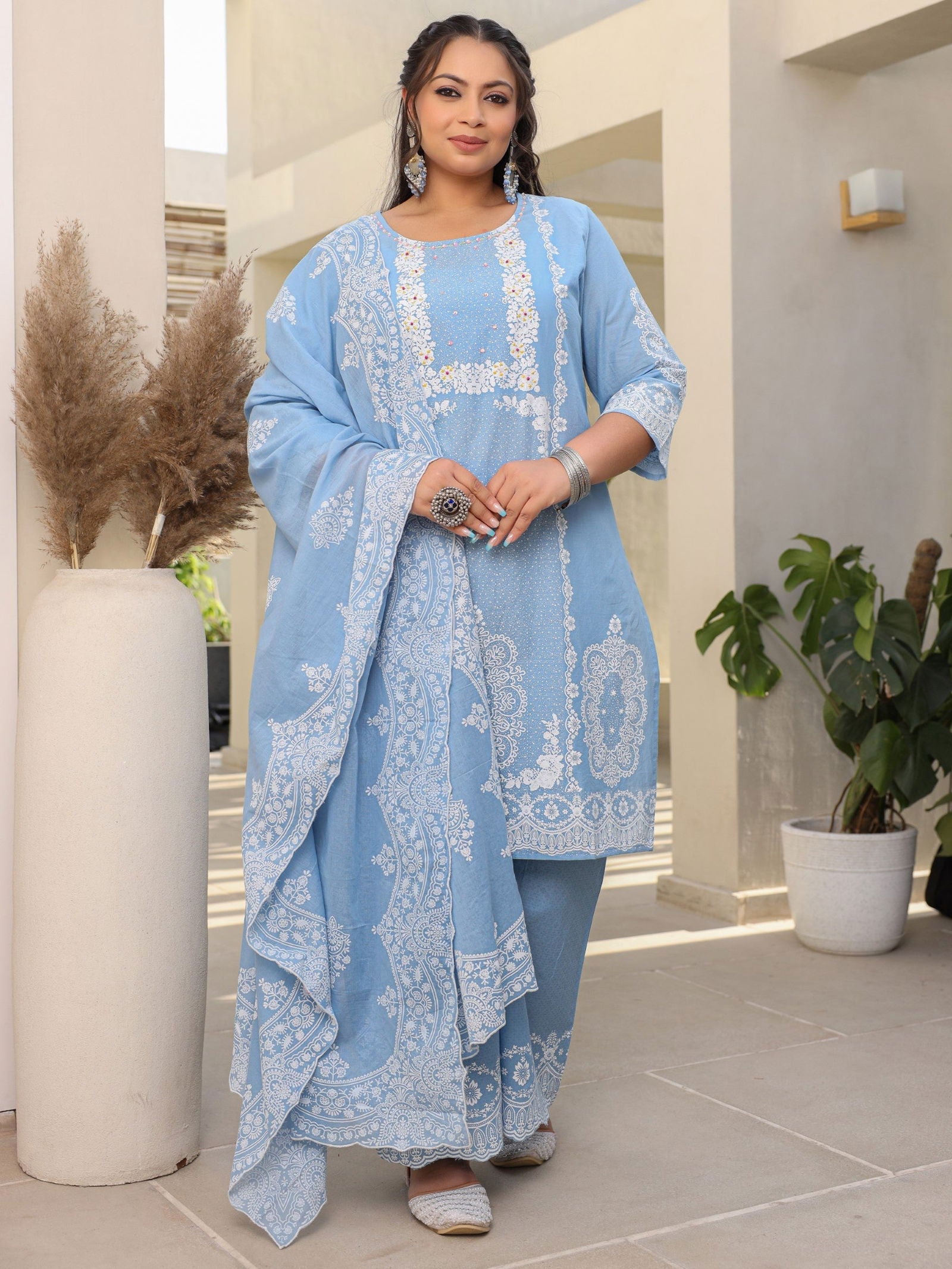 Juniper Blue Ethnic Motif Printed Cotton Cambric Plus Size Kurta Palazzo & Dupatta Set With Beads & Sequins (3-Pcs)