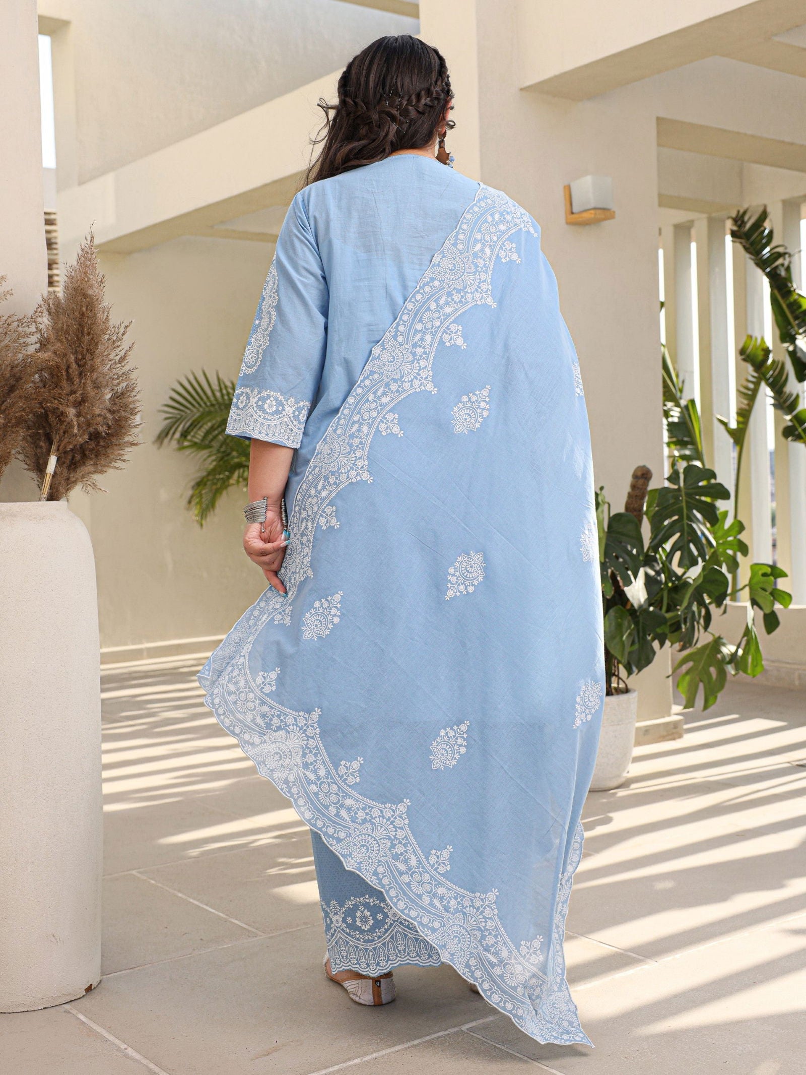 Juniper Blue Ethnic Motif Printed Cotton Cambric Plus Size Kurta Palazzo & Dupatta Set With Beads & Sequins (3-Pcs)
