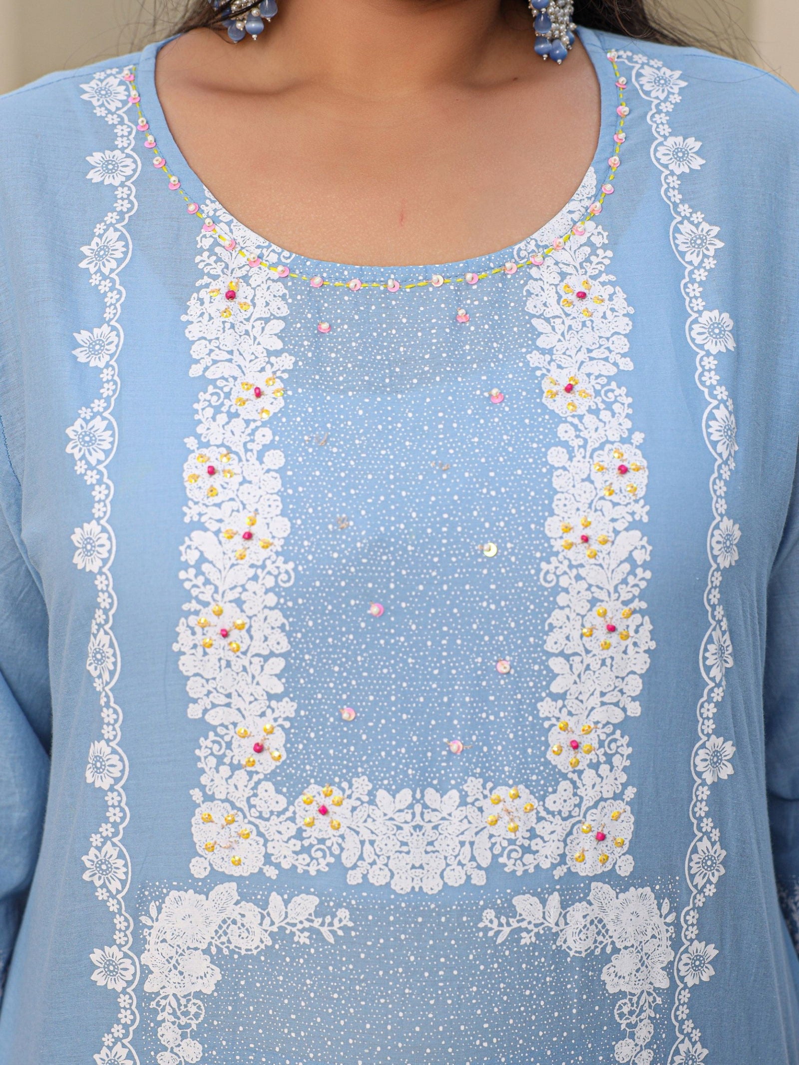 Juniper Blue Ethnic Motif Printed Cotton Cambric Plus Size Kurta Palazzo & Dupatta Set With Beads & Sequins (3-Pcs)