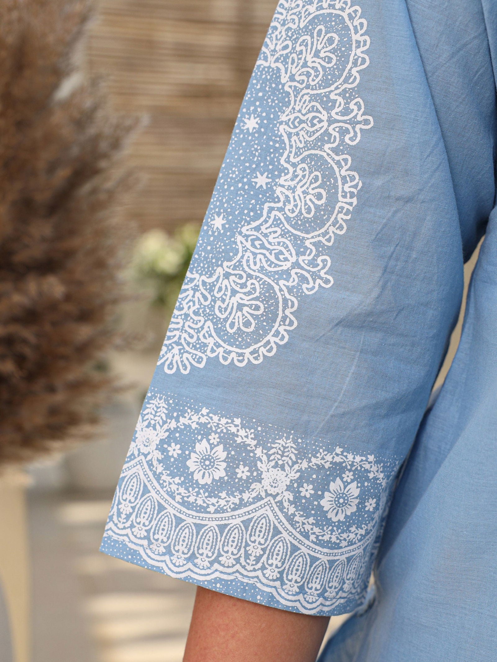 Juniper Blue Ethnic Motif Printed Cotton Cambric Plus Size Kurta Palazzo & Dupatta Set With Beads & Sequins (3-Pcs)