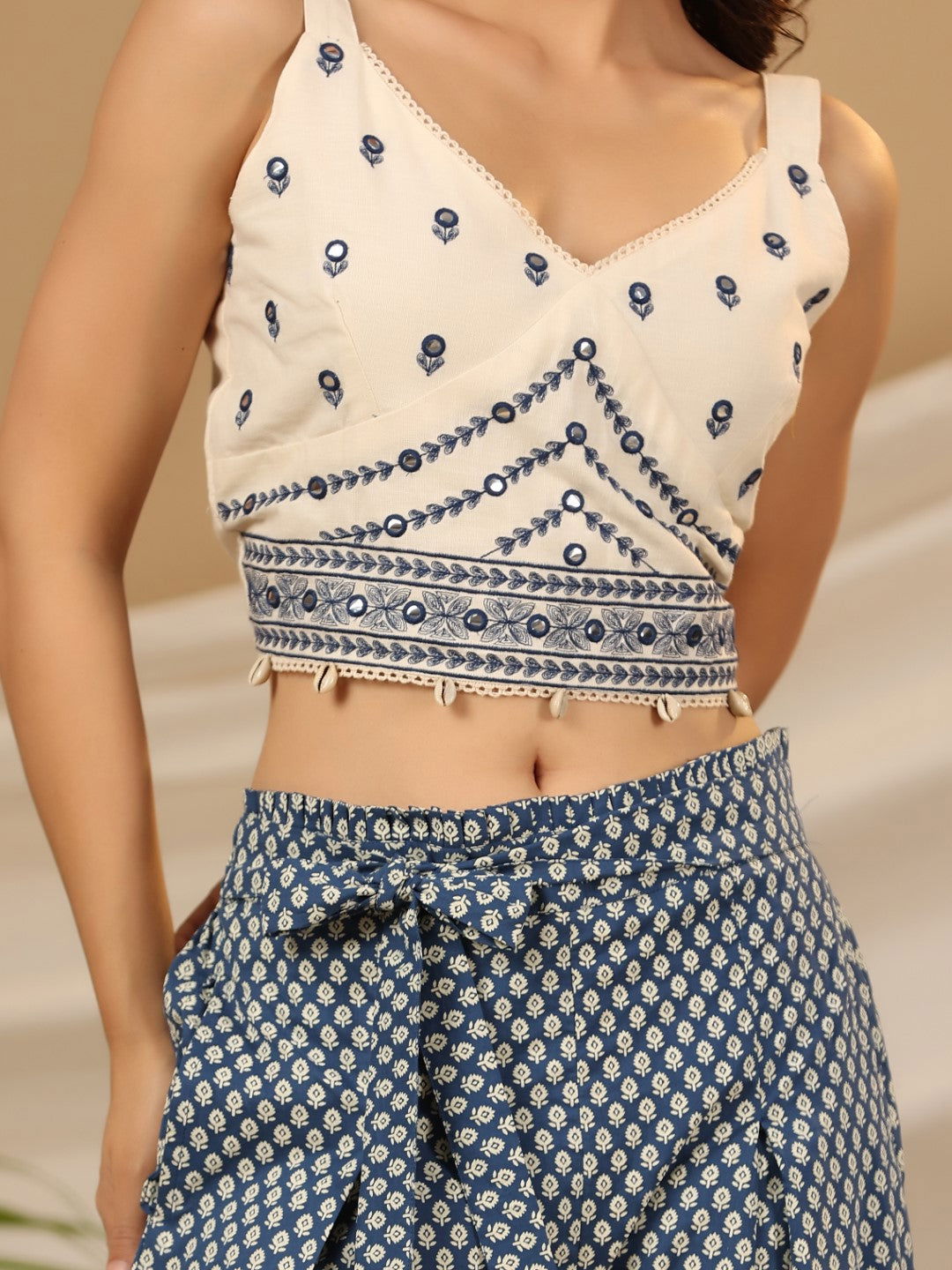 Juniper Blue Ethnic Motif Printed Cotton Flex Crop top & Palazzos with Mirror Work Embroidery