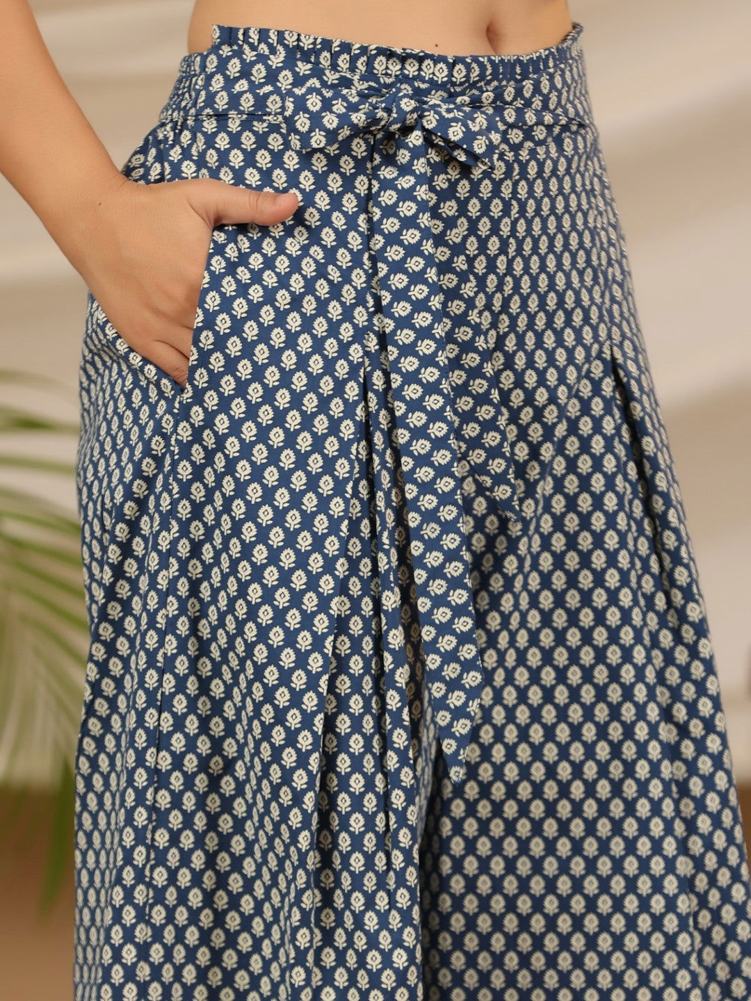 Juniper Blue Ethnic Motif Printed Cotton Flex Crop top & Palazzos with Mirror Work Embroidery