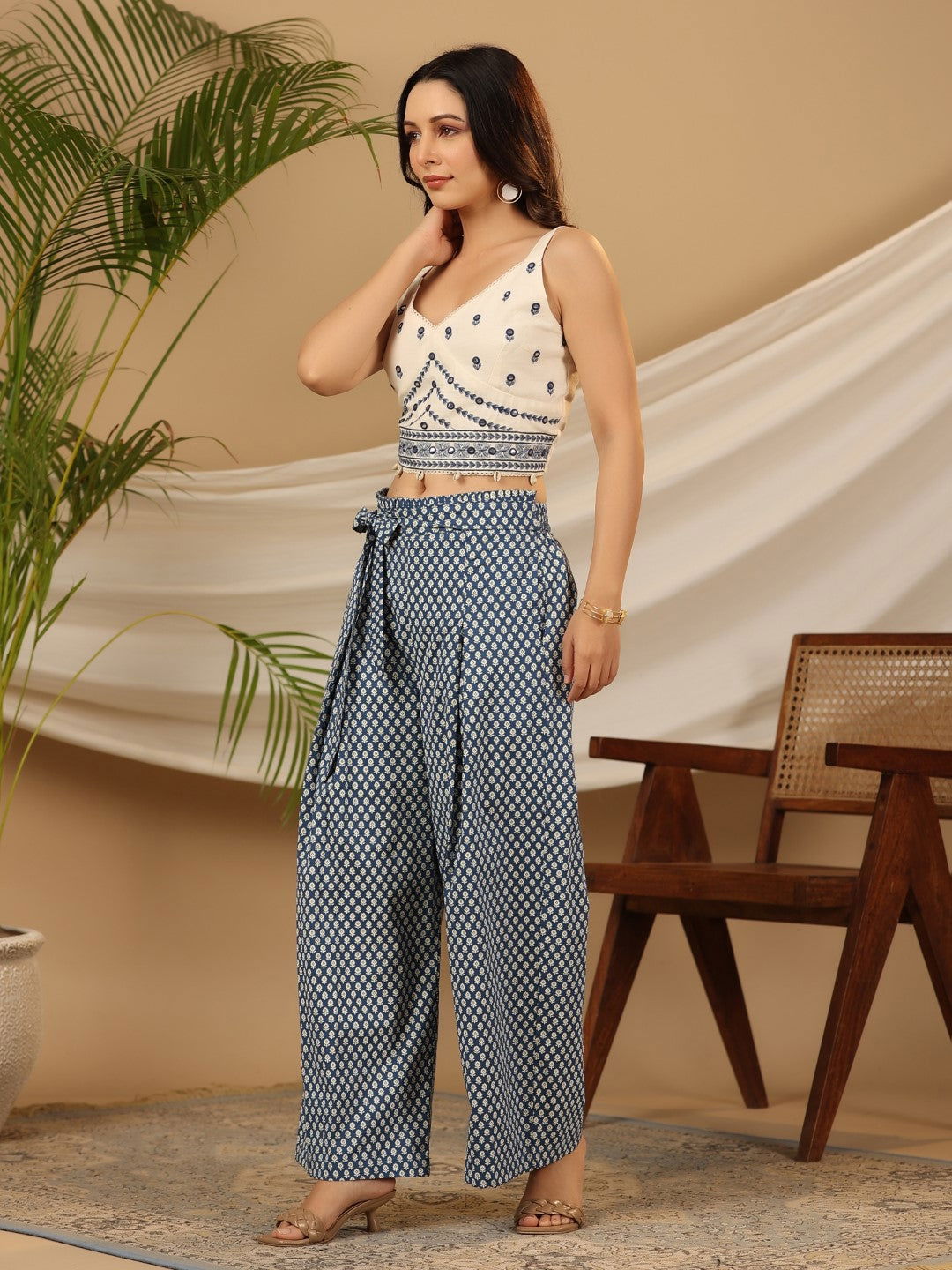 Juniper Blue Ethnic Motif Printed Cotton Flex Crop top & Palazzos with Mirror Work Embroidery