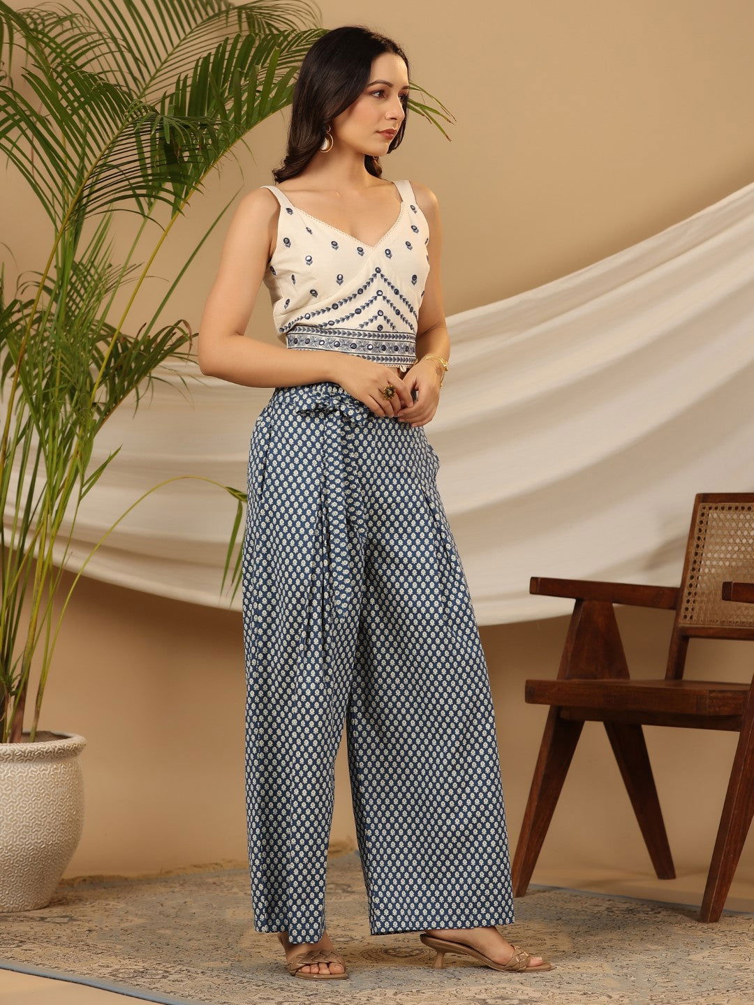 Juniper Blue Ethnic Motif Printed Cotton Flex Crop top & Palazzos with Mirror Work Embroidery