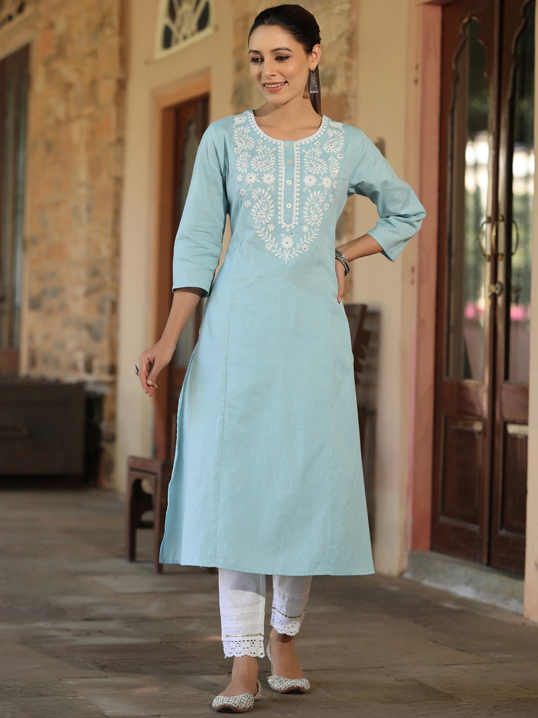 Juniper Blue Ethnic Motif Printed Cotton Flex Straight Kurta With Thread Embroidery