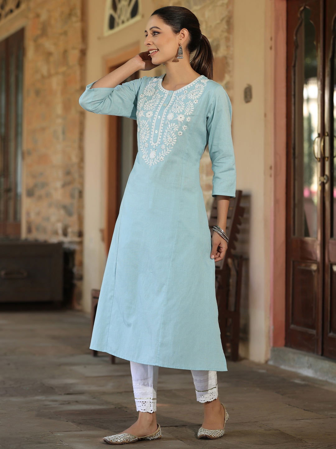 Juniper Blue Ethnic Motif Printed Cotton Flex Straight Kurta With Thread Embroidery