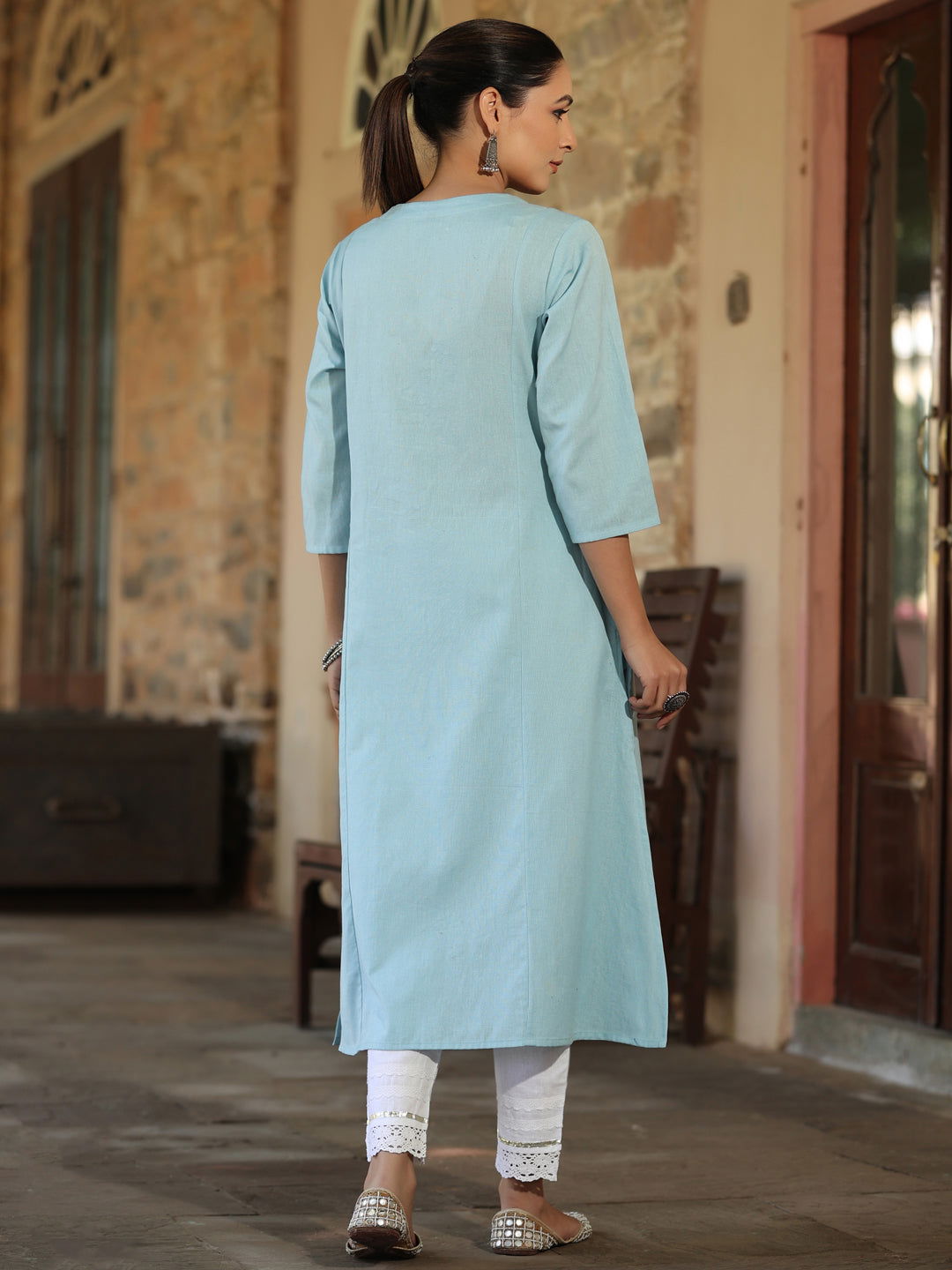 Juniper Blue Ethnic Motif Printed Cotton Flex Straight Kurta With Thread Embroidery