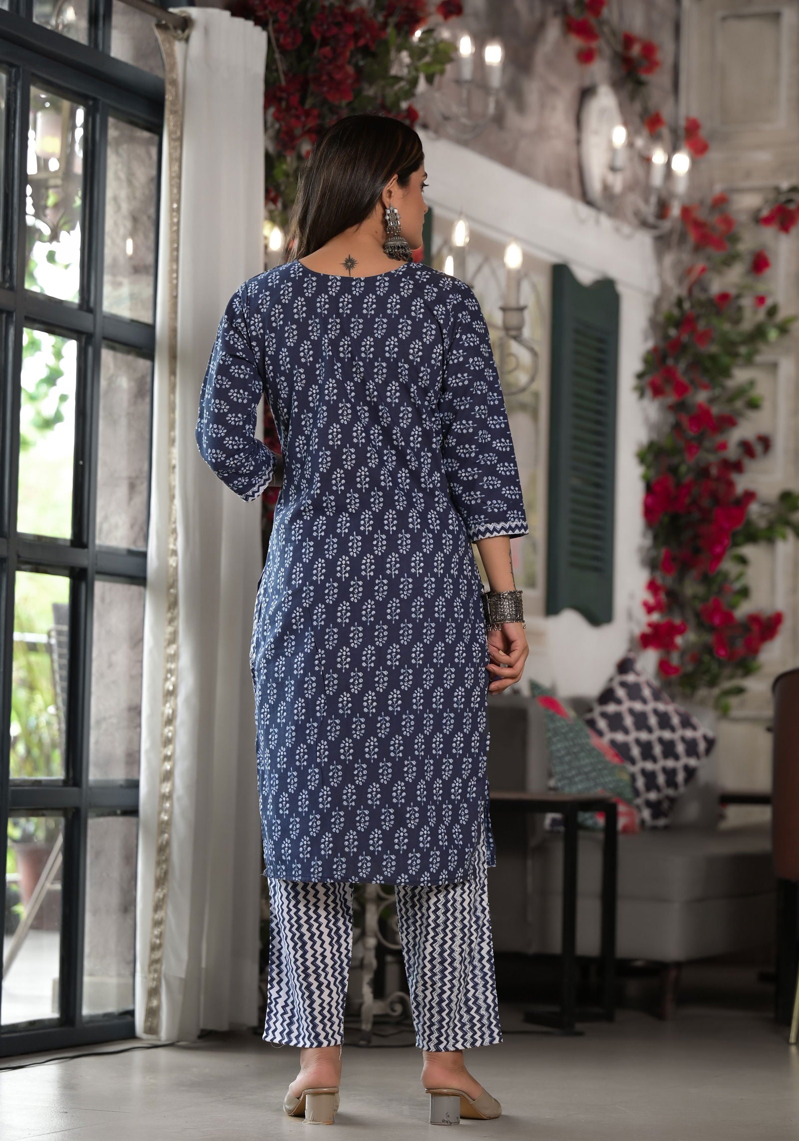 Juniper Blue Ethnic Motif Printed Cotton Kurta, Pant And Dupatta Set With Lace