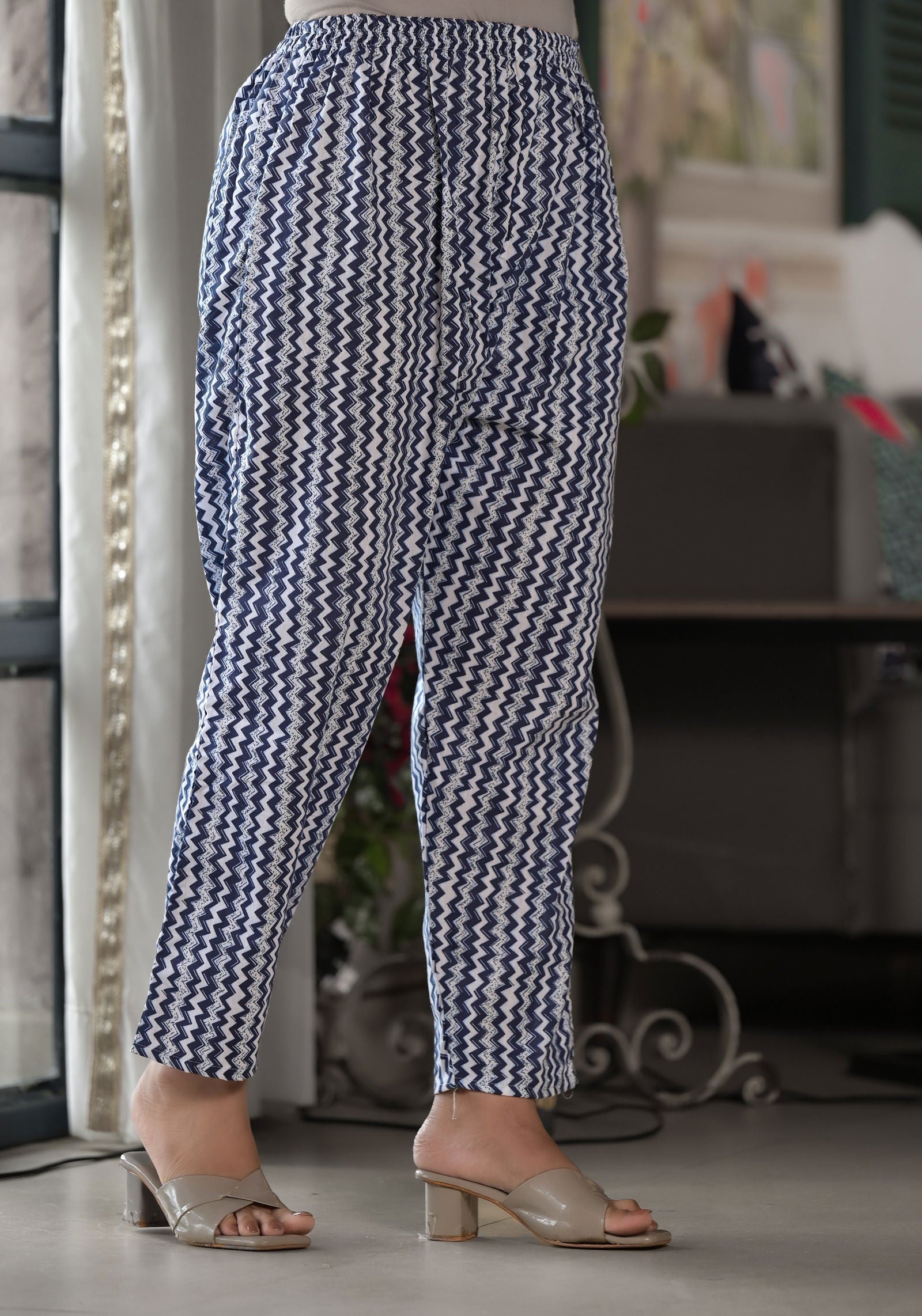 Juniper Blue Ethnic Motif Printed Cotton Kurta, Pant And Dupatta Set With Lace