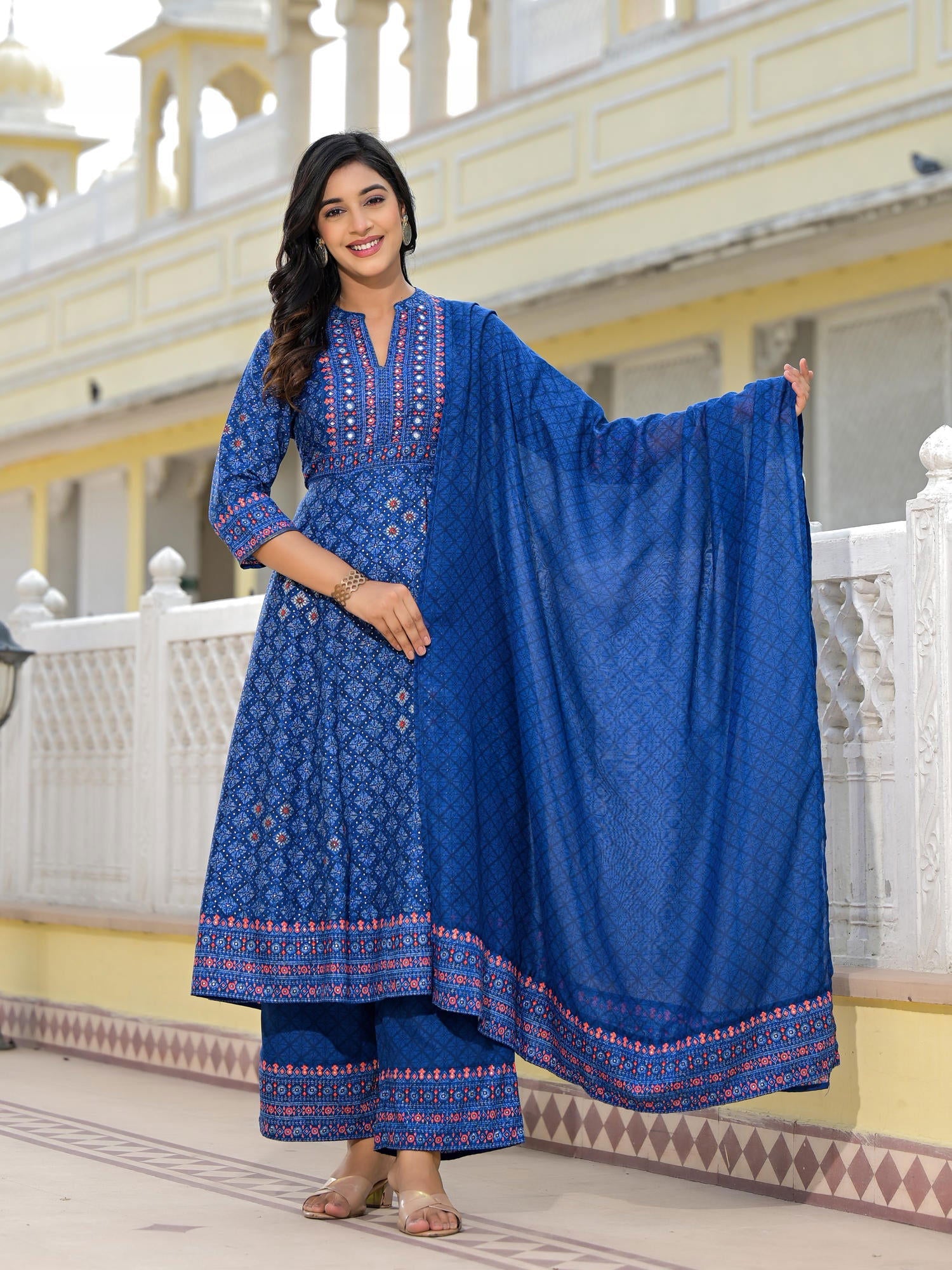 Juniper Blue Ethnic Motif Printed Cotton Kurta, Pant And Dupatta Set With Mirror Work
