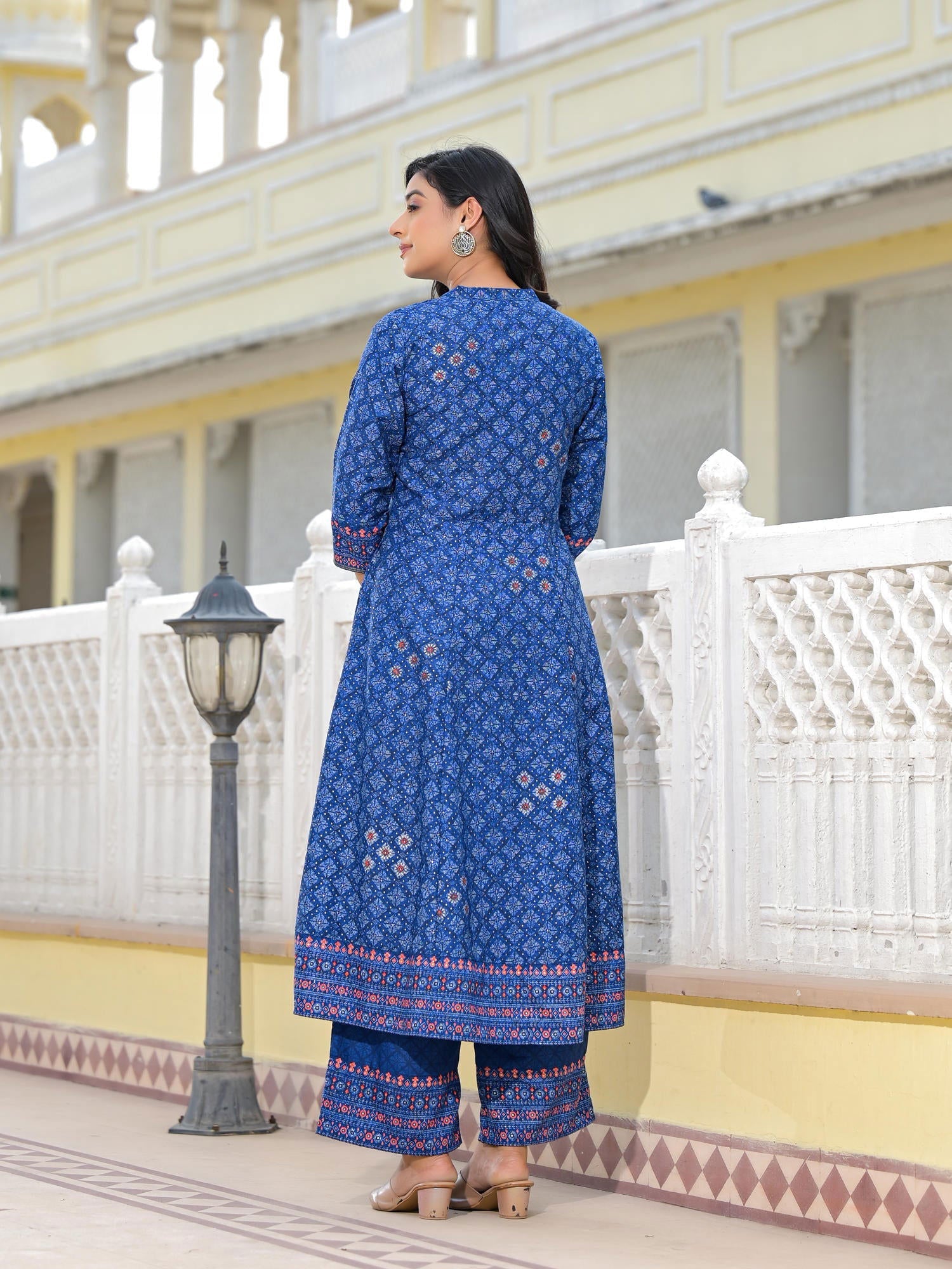 Juniper Blue Ethnic Motif Printed Cotton Kurta, Pant And Dupatta Set With Mirror Work