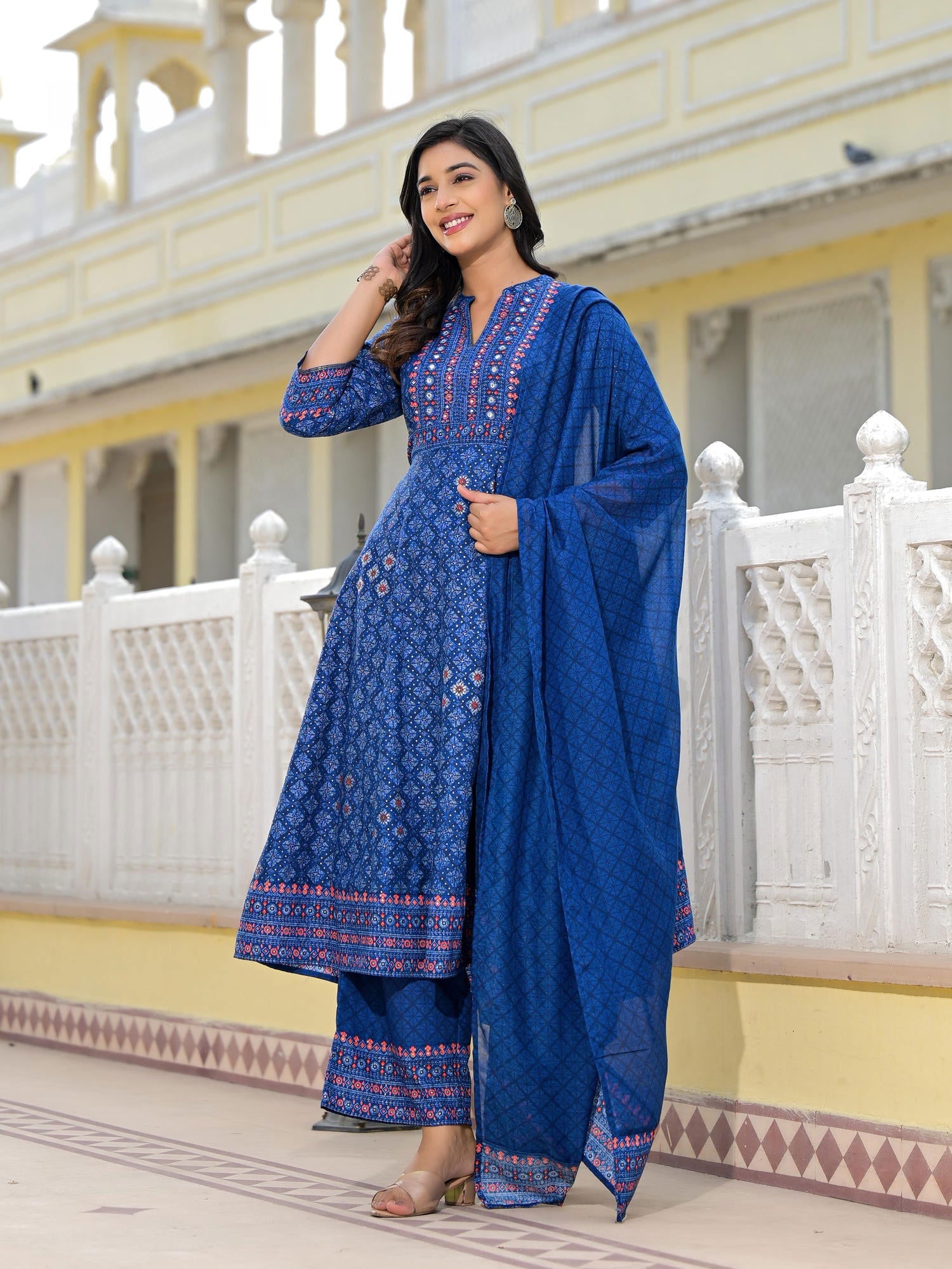 Juniper Blue Ethnic Motif Printed Cotton Kurta, Pant And Dupatta Set With Mirror Work