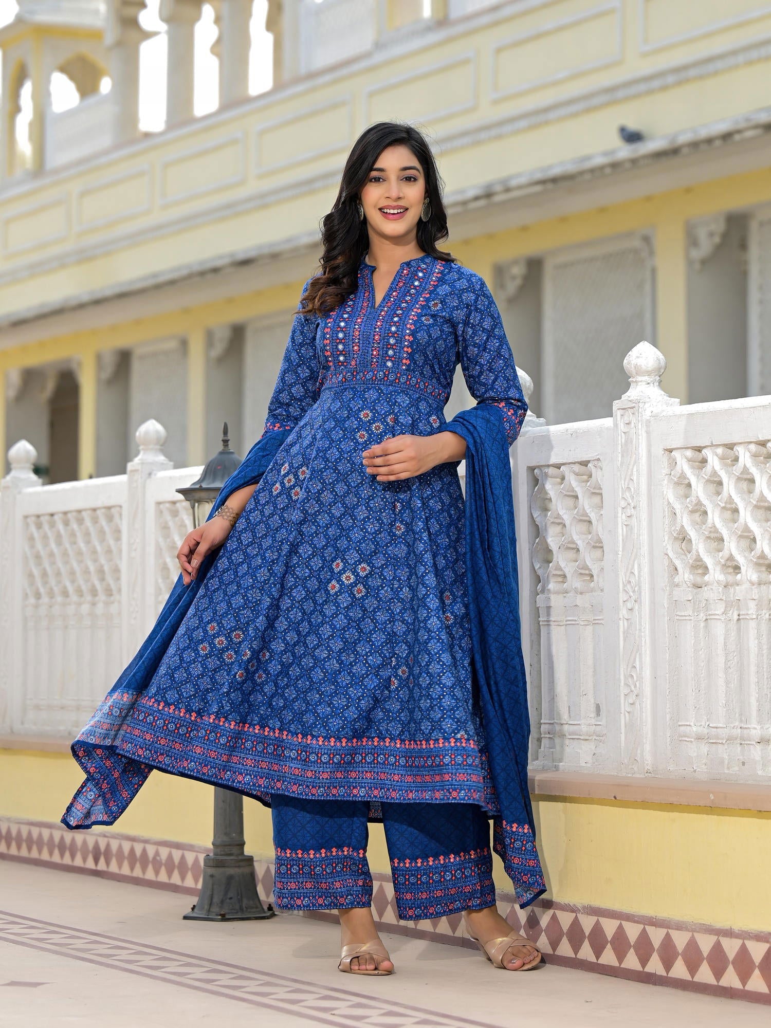 Juniper Blue Ethnic Motif Printed Cotton Kurta, Pant And Dupatta Set With Mirror Work