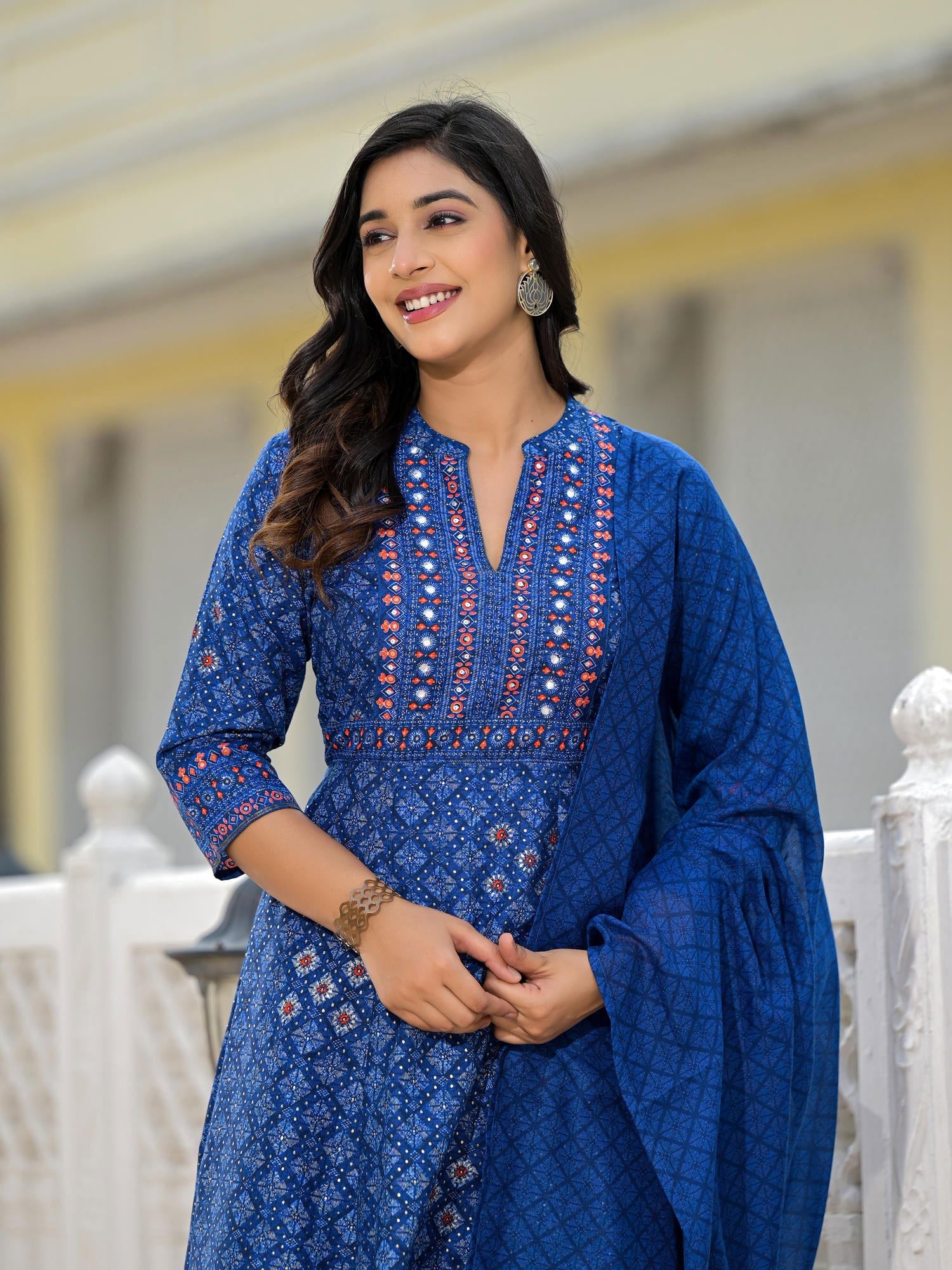 Juniper Blue Ethnic Motif Printed Cotton Kurta, Pant And Dupatta Set With Mirror Work