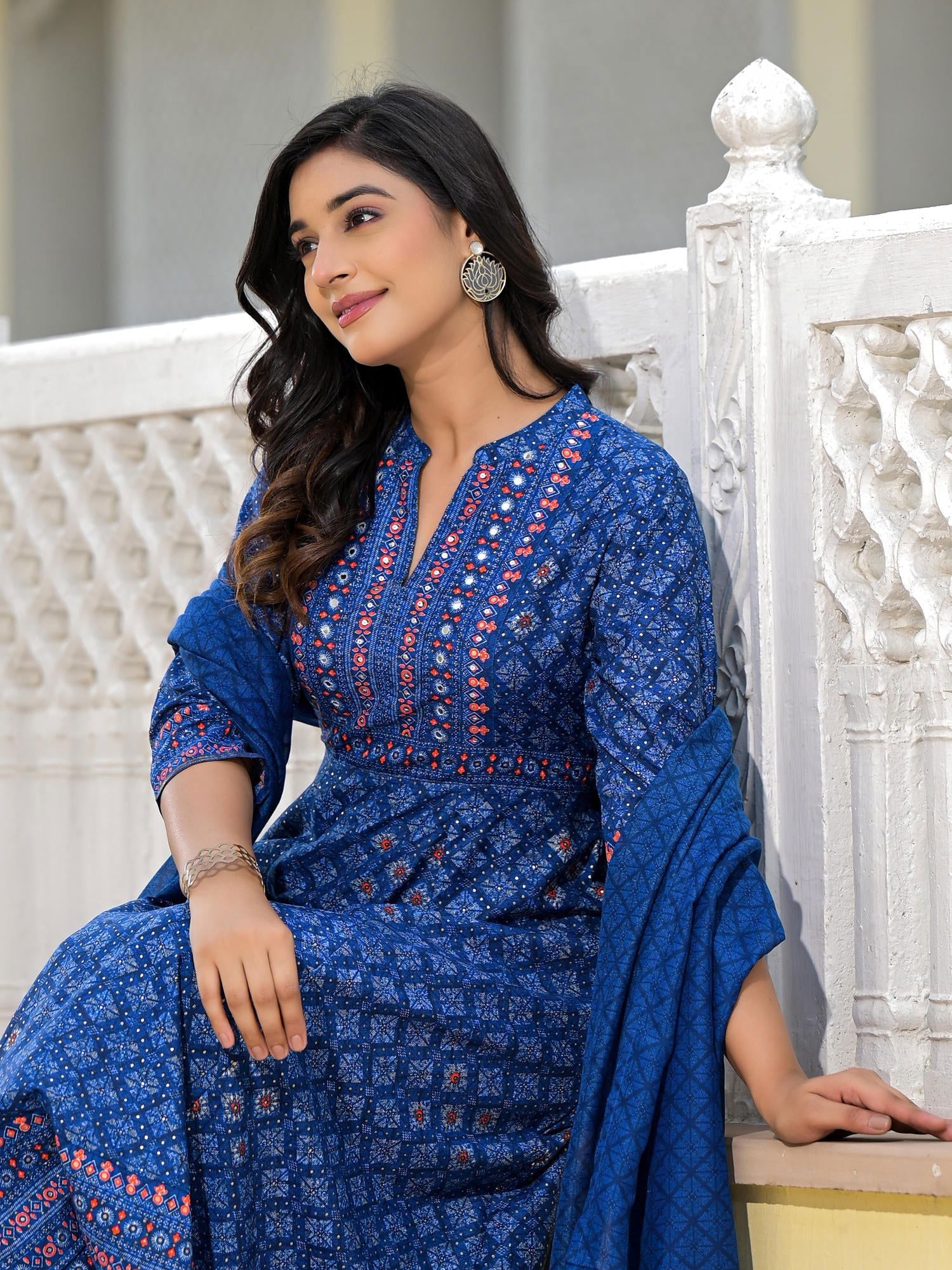 Juniper Blue Ethnic Motif Printed Cotton Kurta, Pant And Dupatta Set With Mirror Work