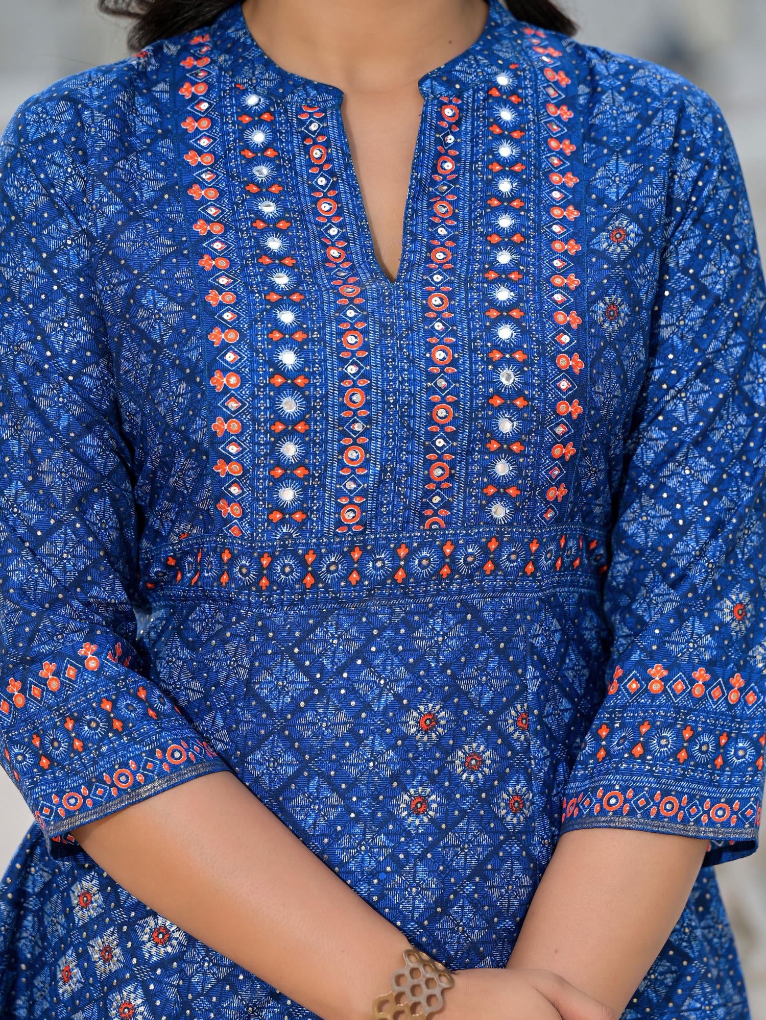 Juniper Blue Ethnic Motif Printed Cotton Kurta, Pant And Dupatta Set With Mirror Work