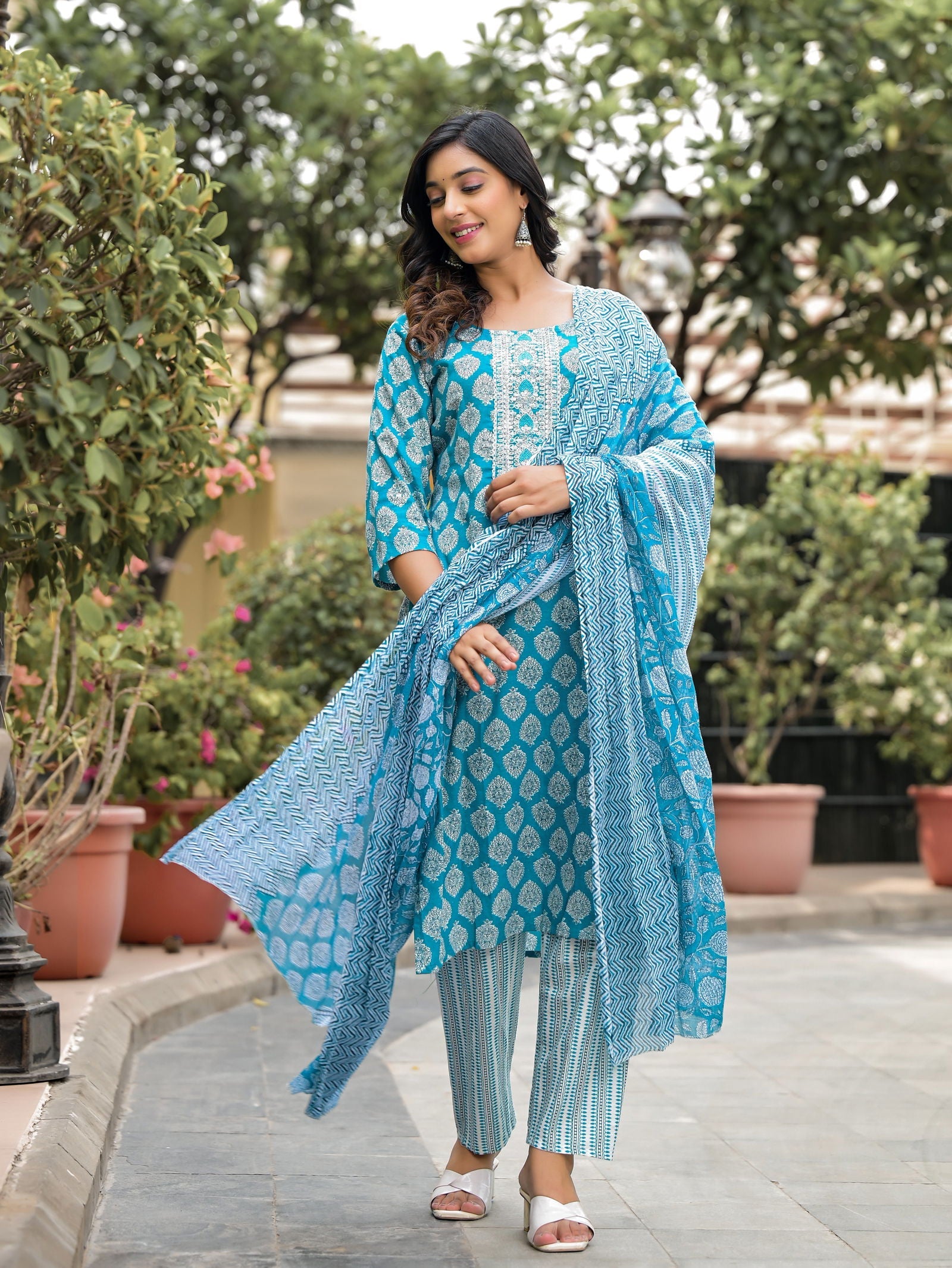Juniper Blue Ethnic Motif Printed Cotton Kurta, Pant And Dupatta Set With Zari Work